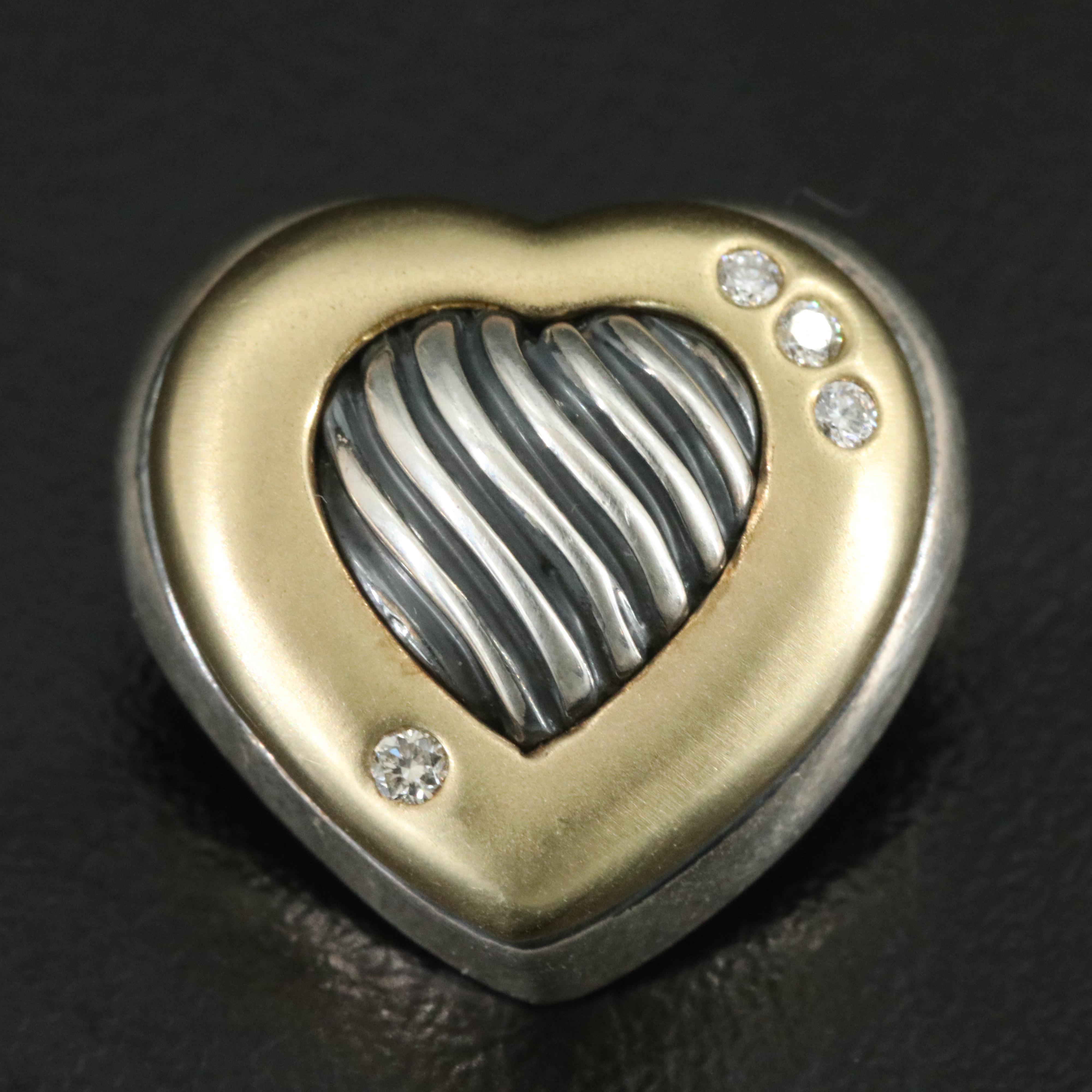 David Yurman Sterling and 18K Cable Heart Brooch with Diamond Accents
