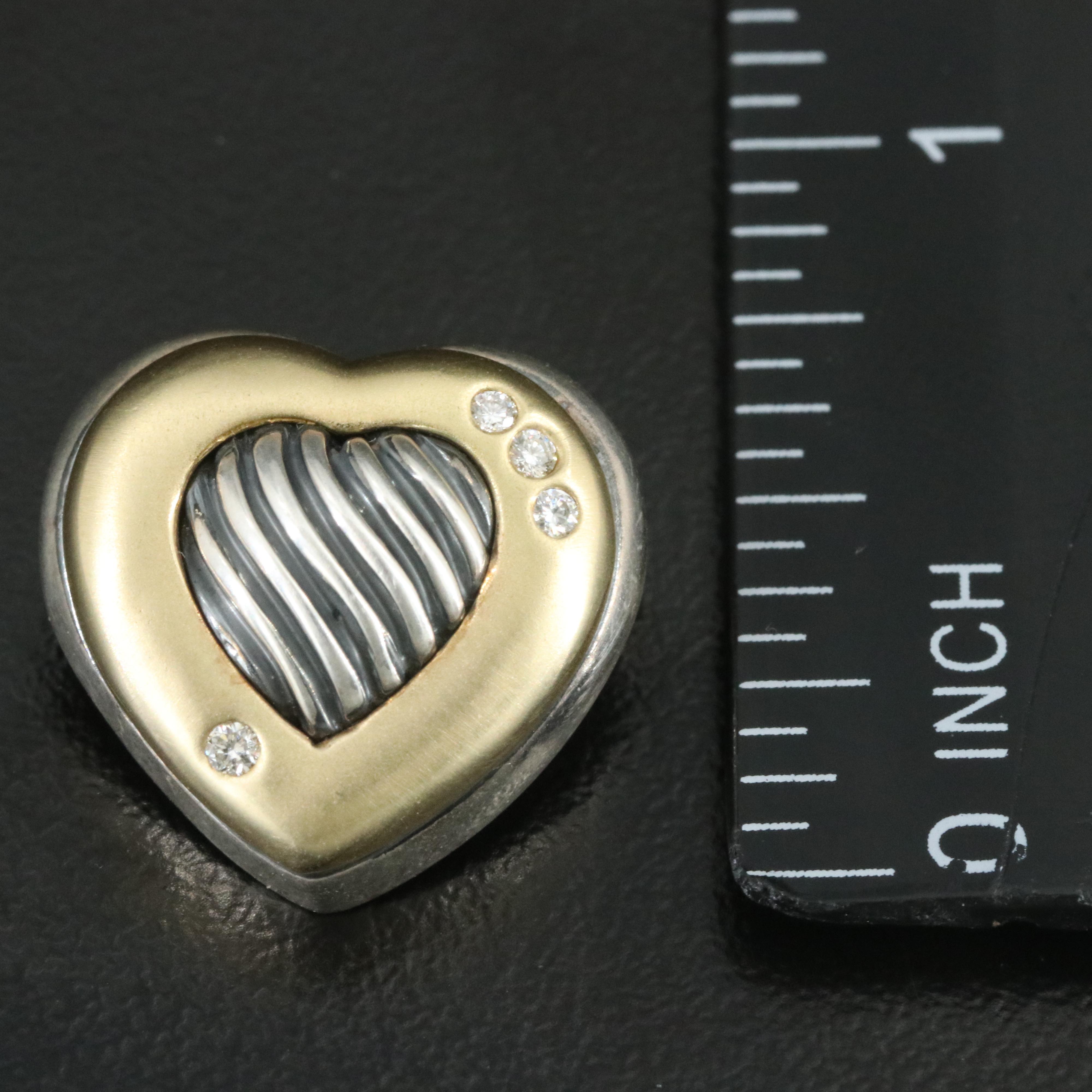 David Yurman Sterling and 18K Cable Heart Brooch with Diamond Accents
