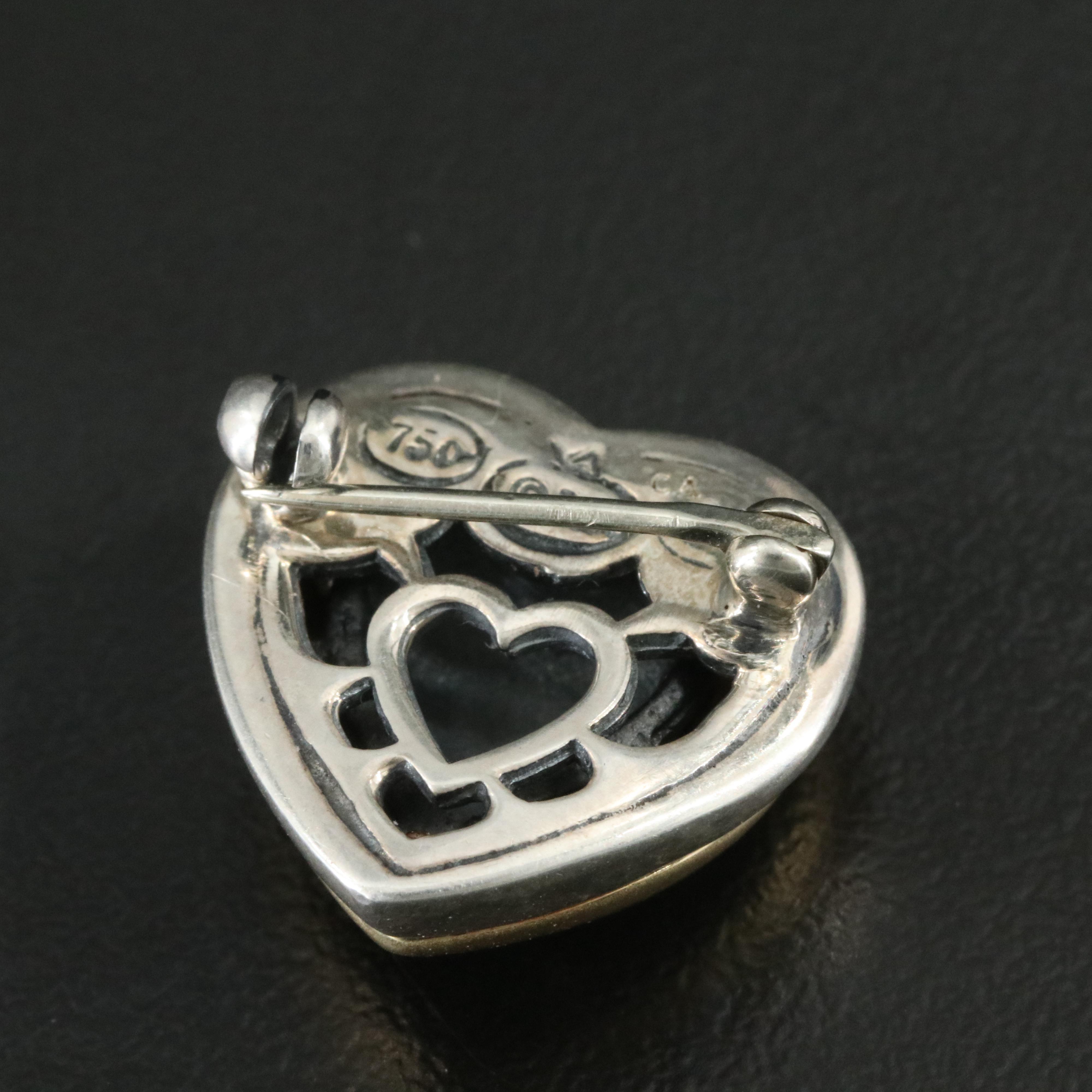 David Yurman Sterling and 18K Cable Heart Brooch with Diamond Accents