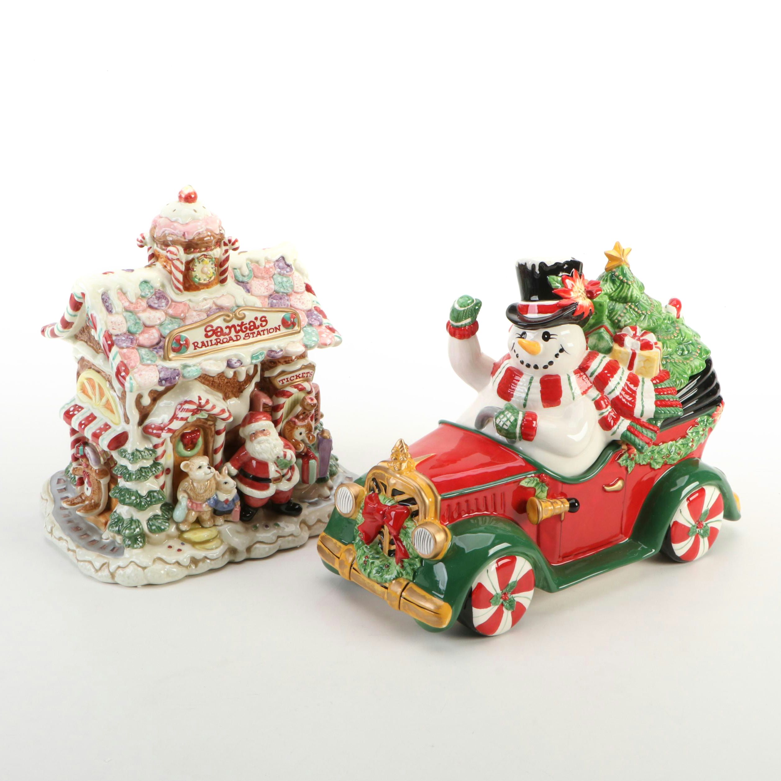 Fitz & Floyd "Top Hat Frosty" and "Candy Lane Express" Ceramic Cookie Jars