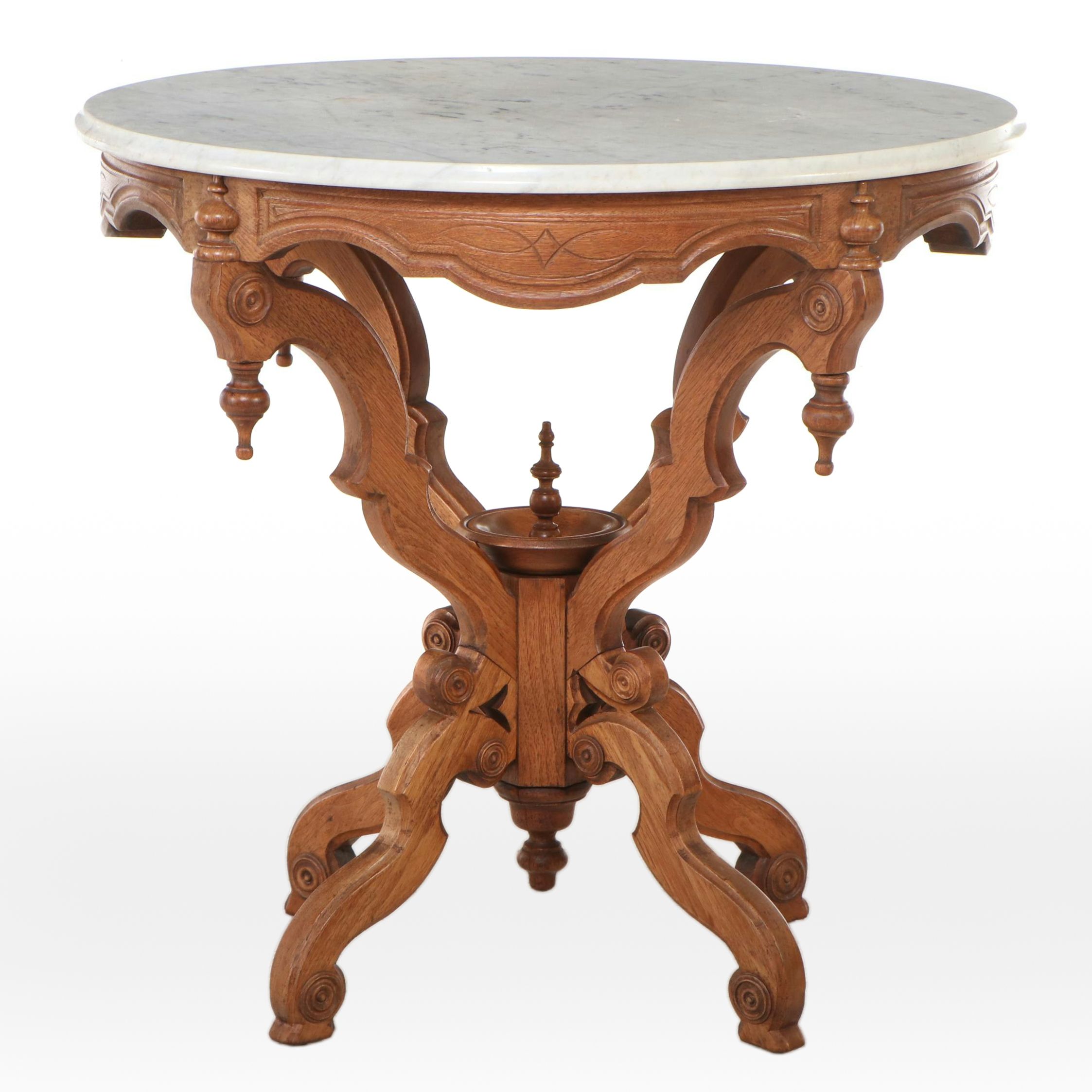 Eastlake Style Walnut Marble Top Pedestal Table, Late 19th/Early 20th Century