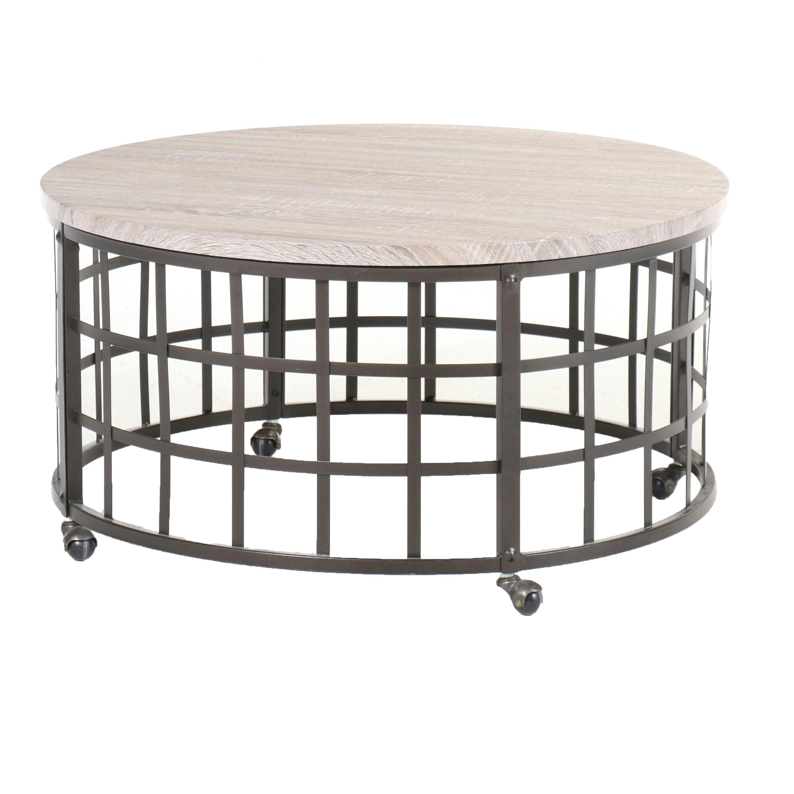 Contemporary Laminate and Metal Cylindrical Coffee Table on Casters