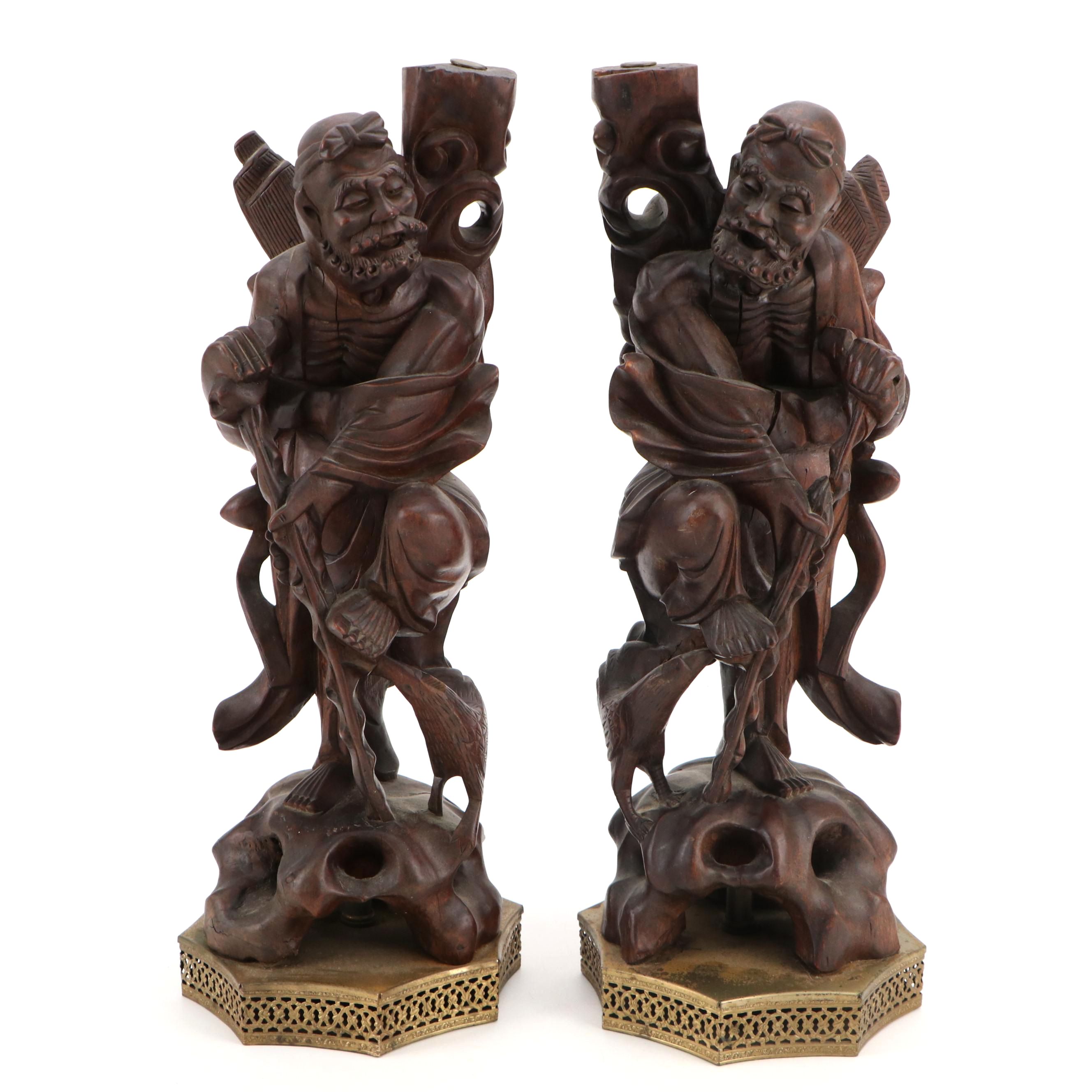 Pair of Chinese Carved Rootwood Figure Table Lamp Bases