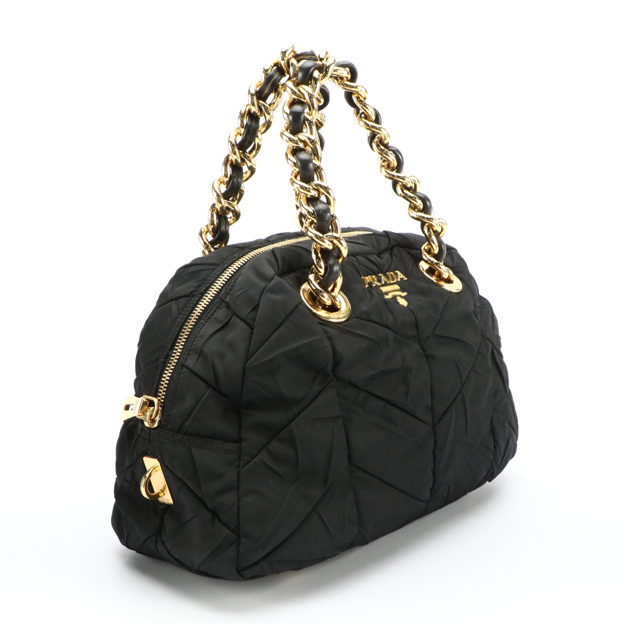 Prada Domed Chunky Chain Strap Bag in Black Chevron Quilted Tessuto Nylon