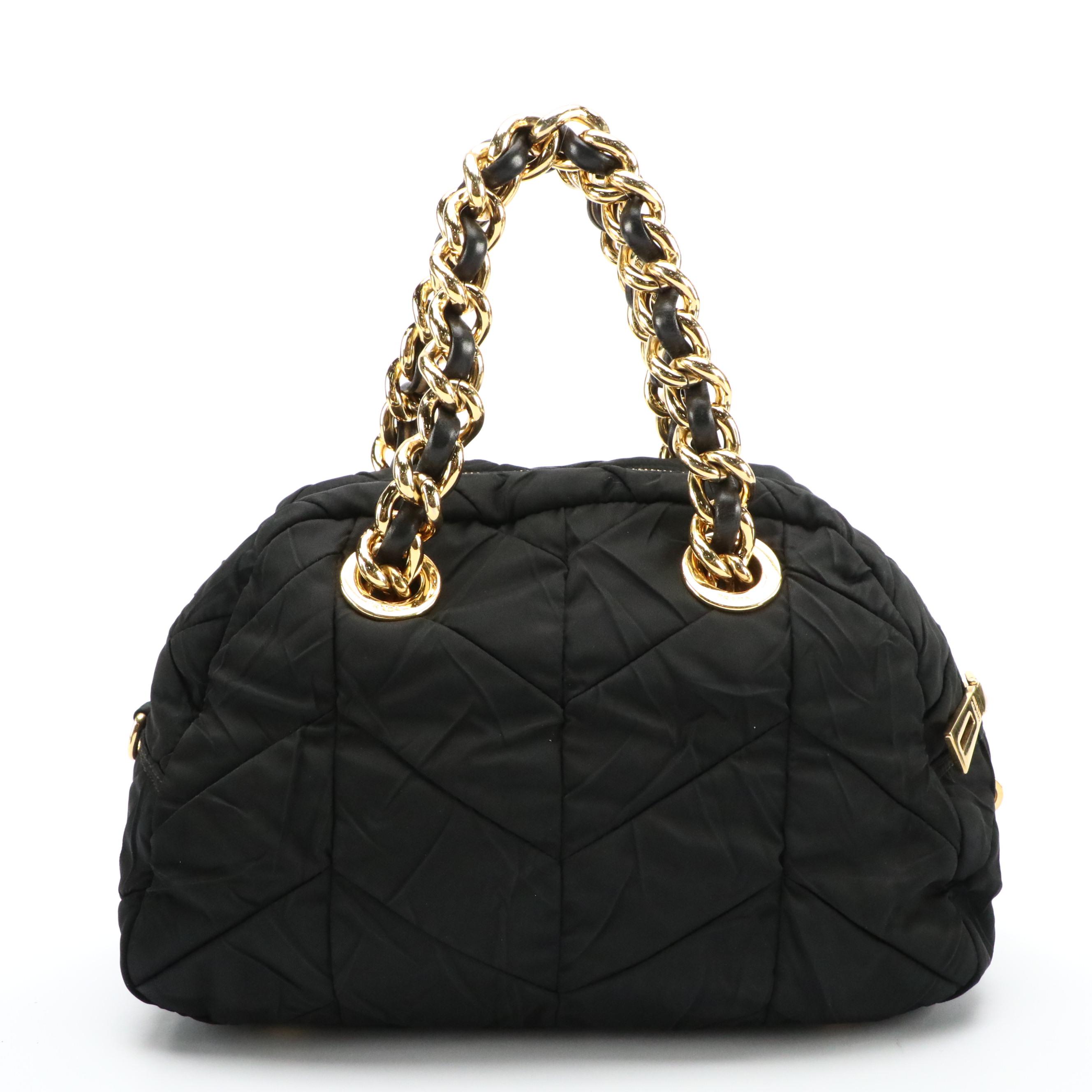 Prada Domed Chunky Chain Strap Bag in Black Chevron Quilted Tessuto Nylon