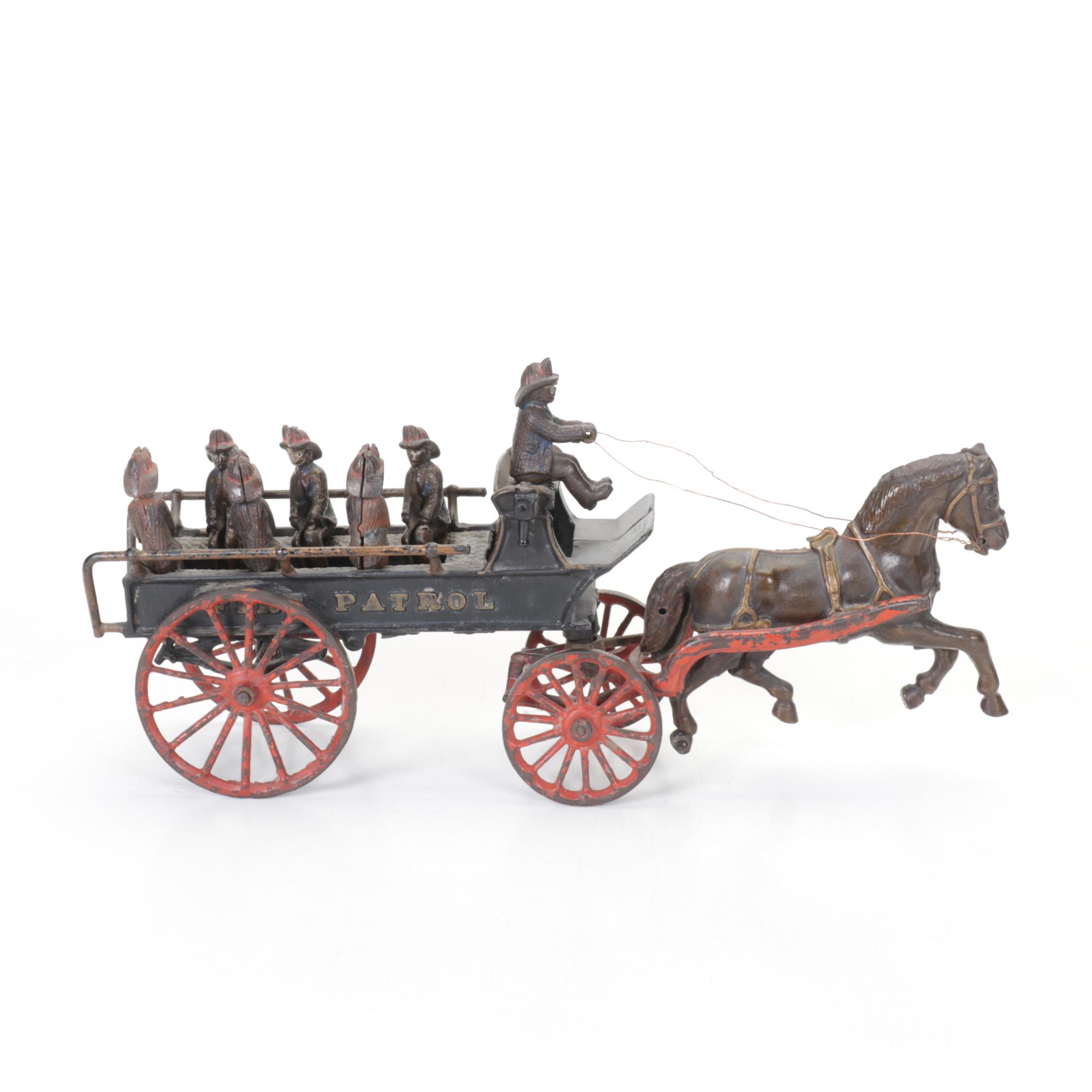 Cast Iron Fire Patrol Wagon & Firefighters, Late 19th/ Early 20th Century