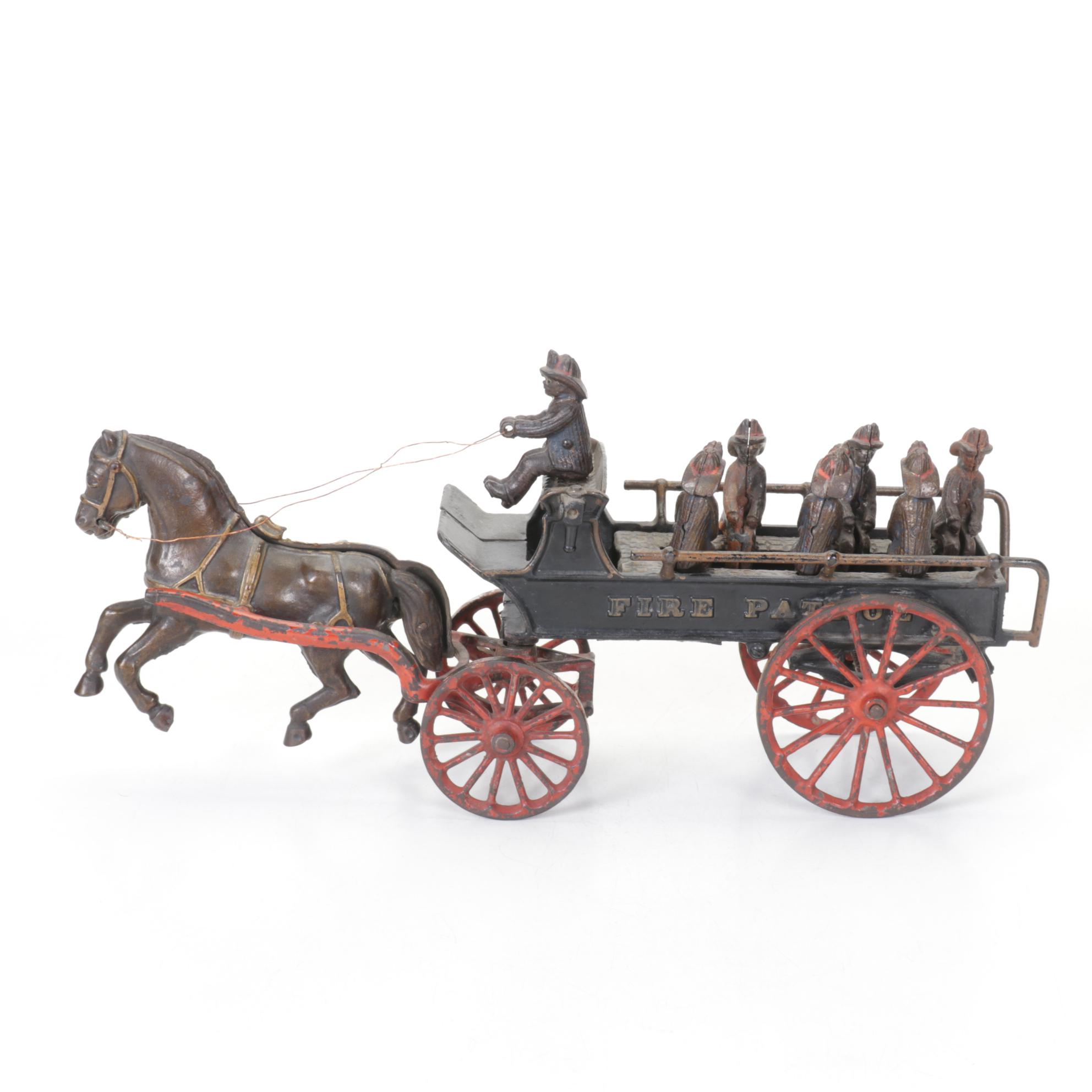 Cast Iron Fire Patrol Wagon & Firefighters, Late 19th/ Early 20th Century