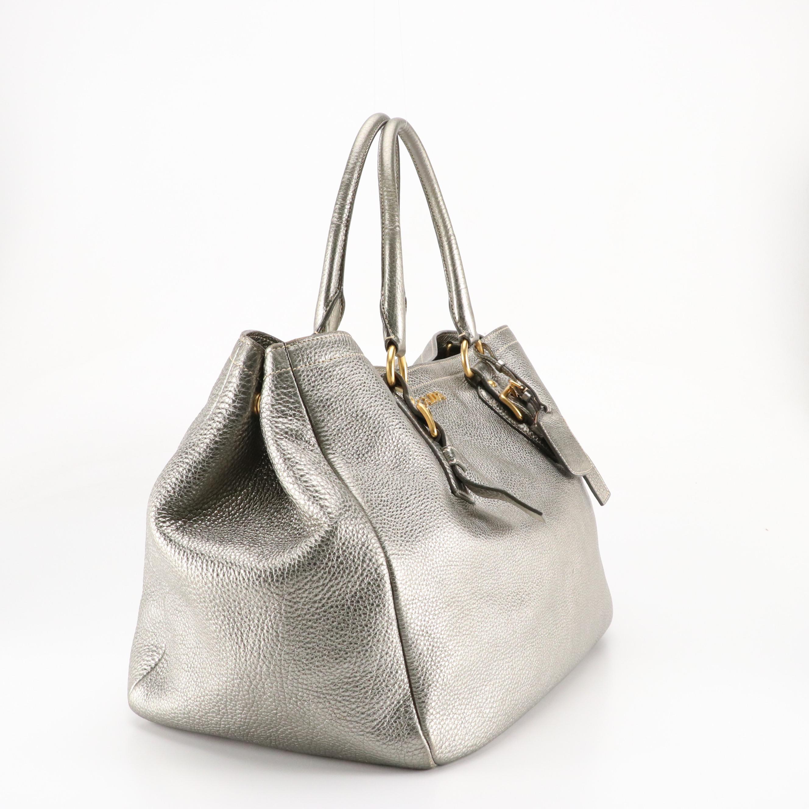Prada Large Shopper Tote in Metallic Silver Vitello Daino Leather