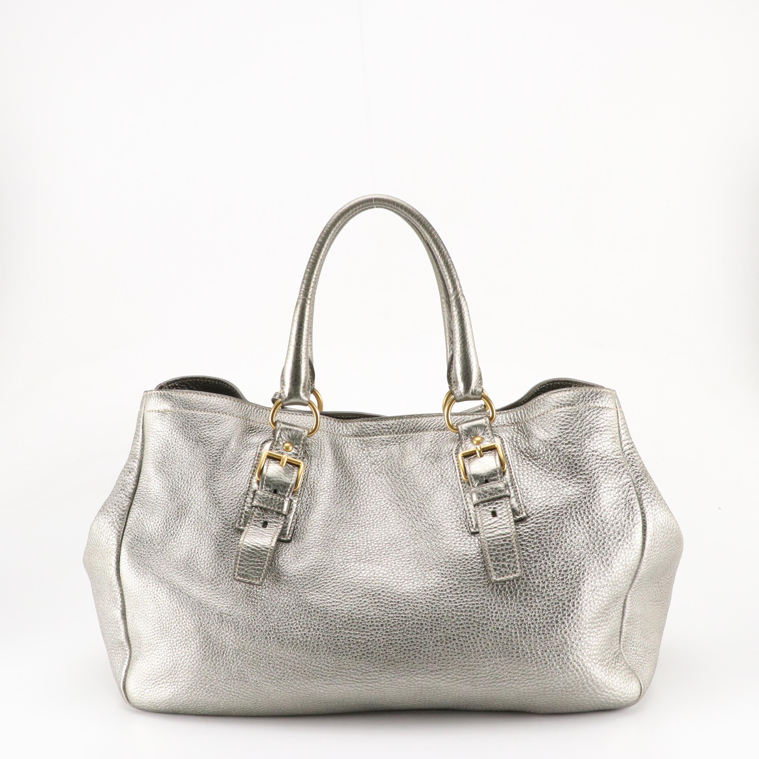 Prada Large Shopper Tote in Metallic Silver Vitello Daino Leather