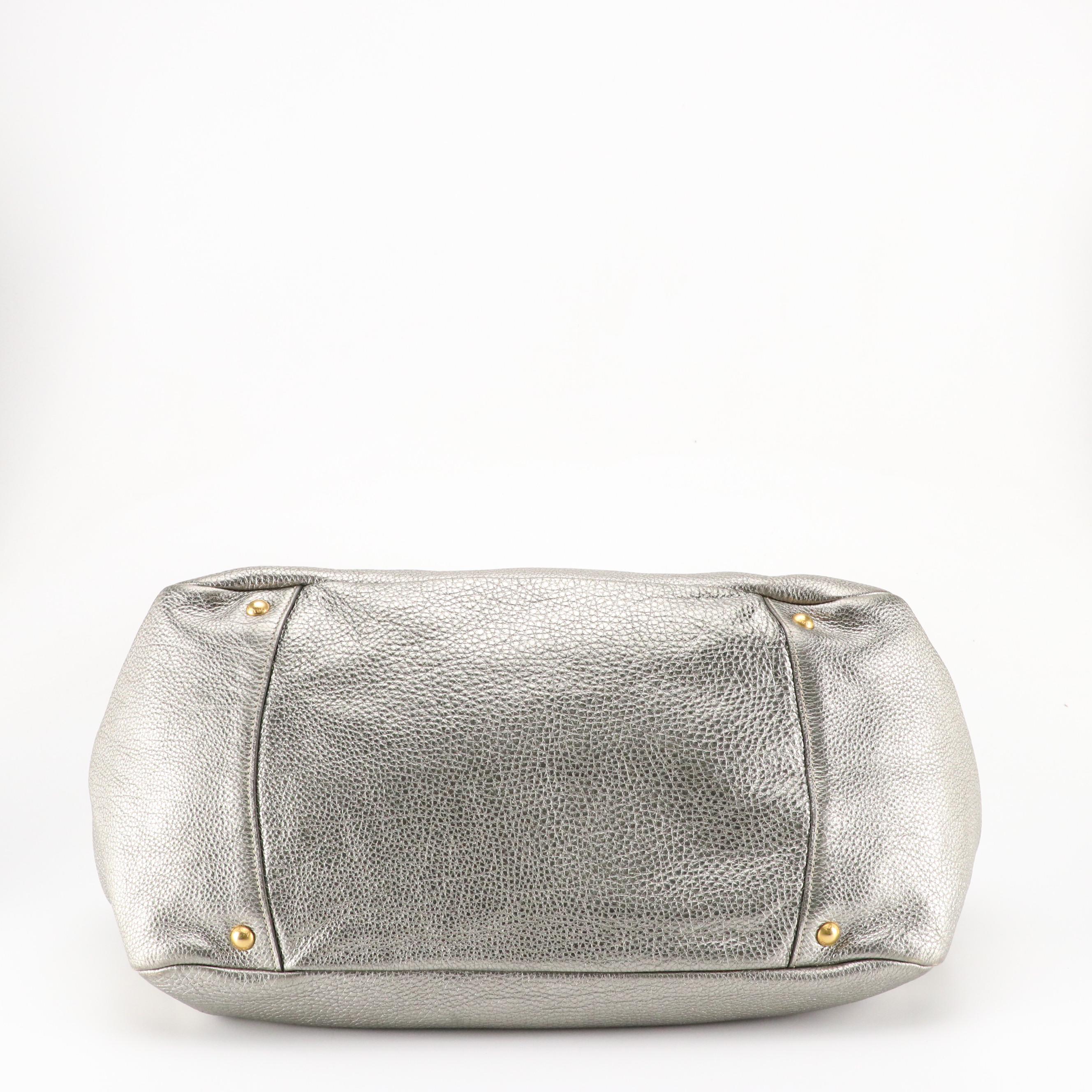 Prada Large Shopper Tote in Metallic Silver Vitello Daino Leather