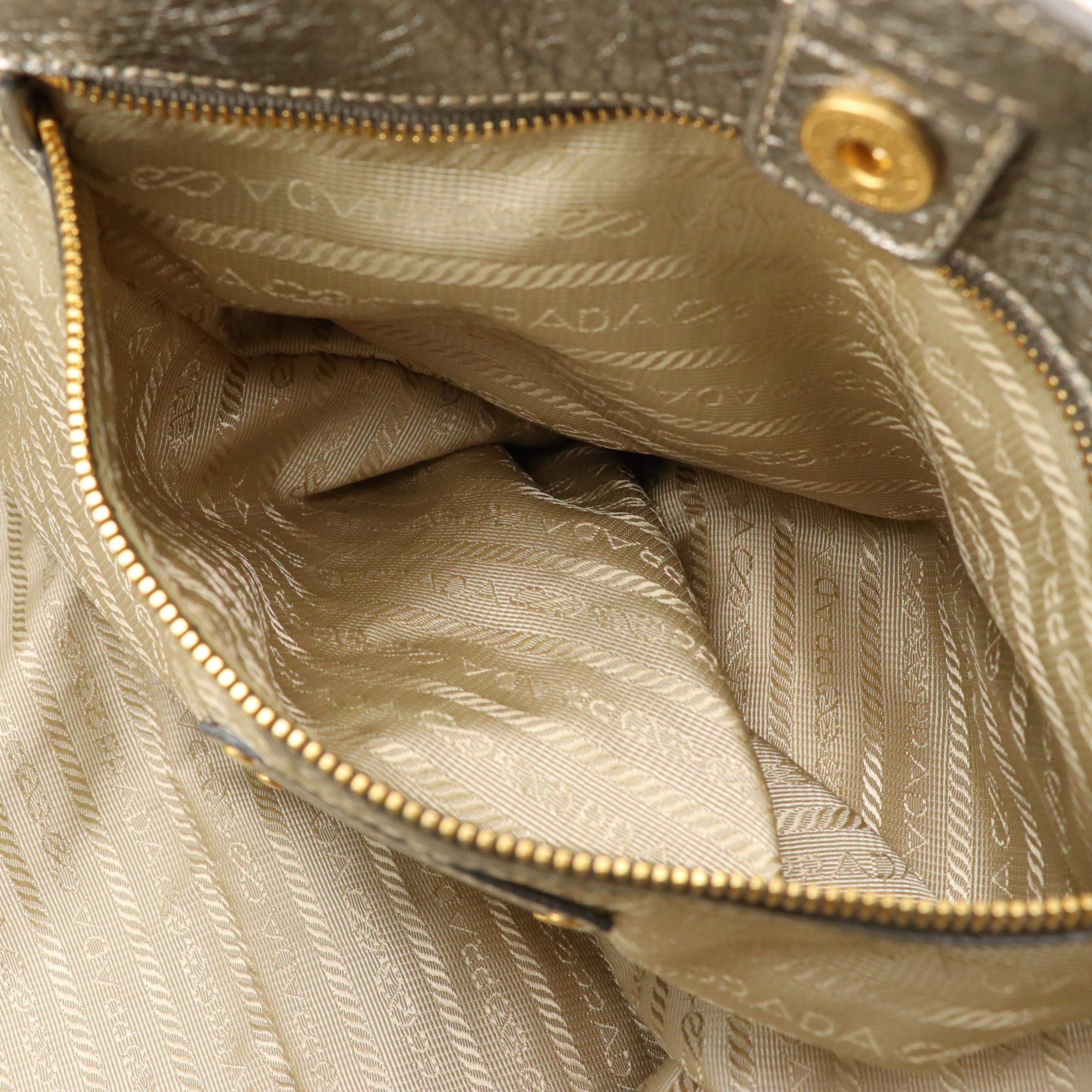 Prada Large Shopper Tote in Metallic Silver Vitello Daino Leather