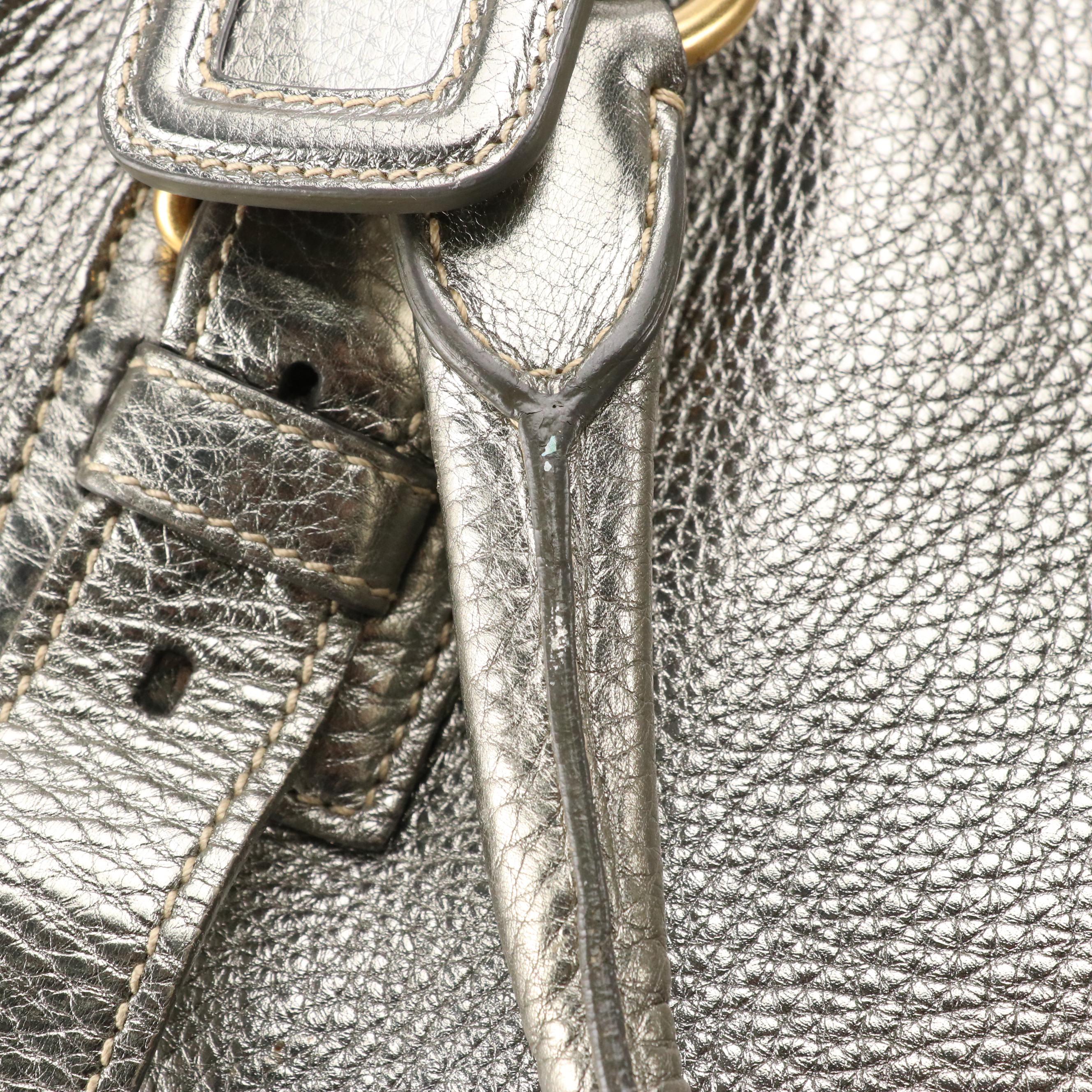 Prada Large Shopper Tote in Metallic Silver Vitello Daino Leather