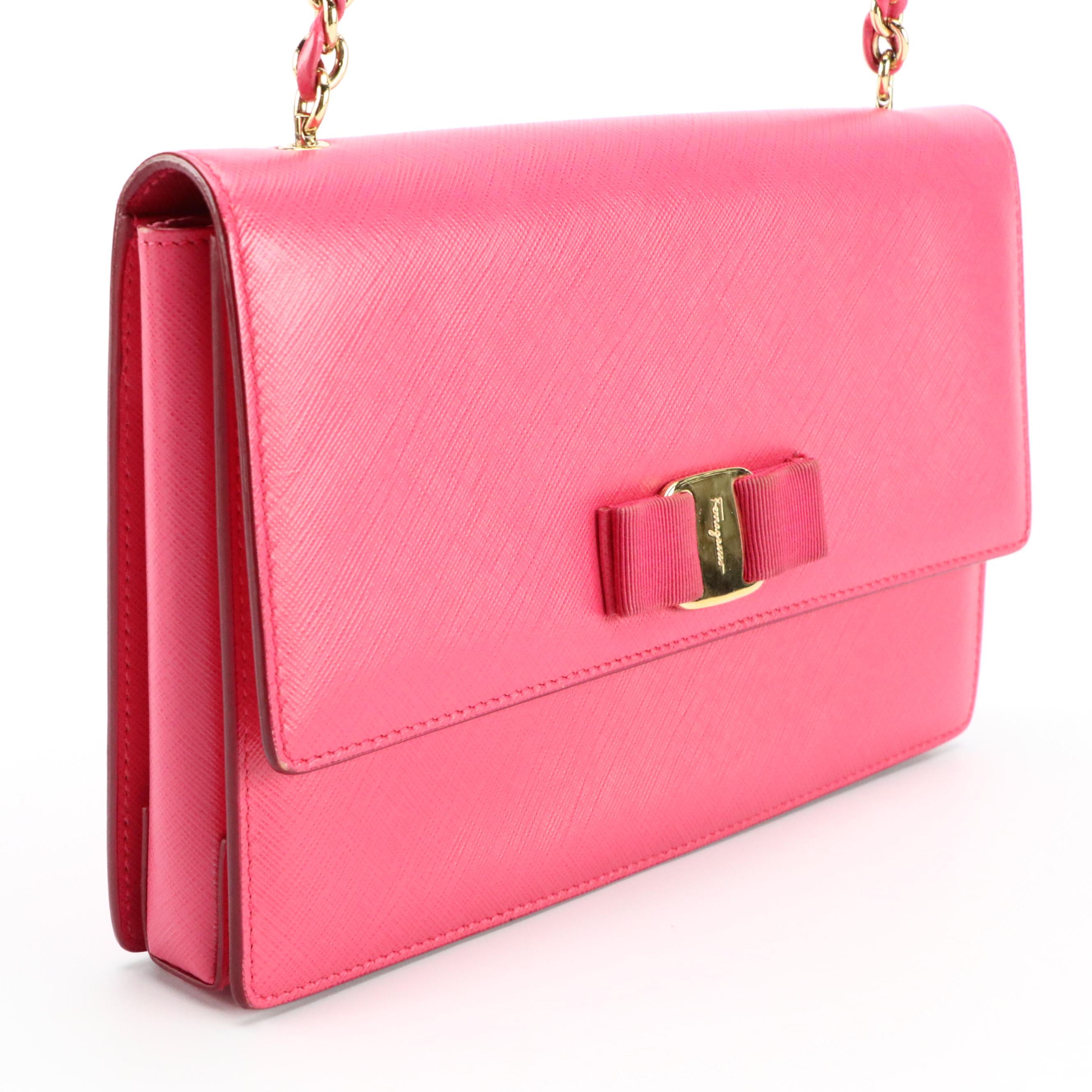 Salvatore Ferragamo Vara Bow Chain Shoulder Bag in Pink Taiga Leather