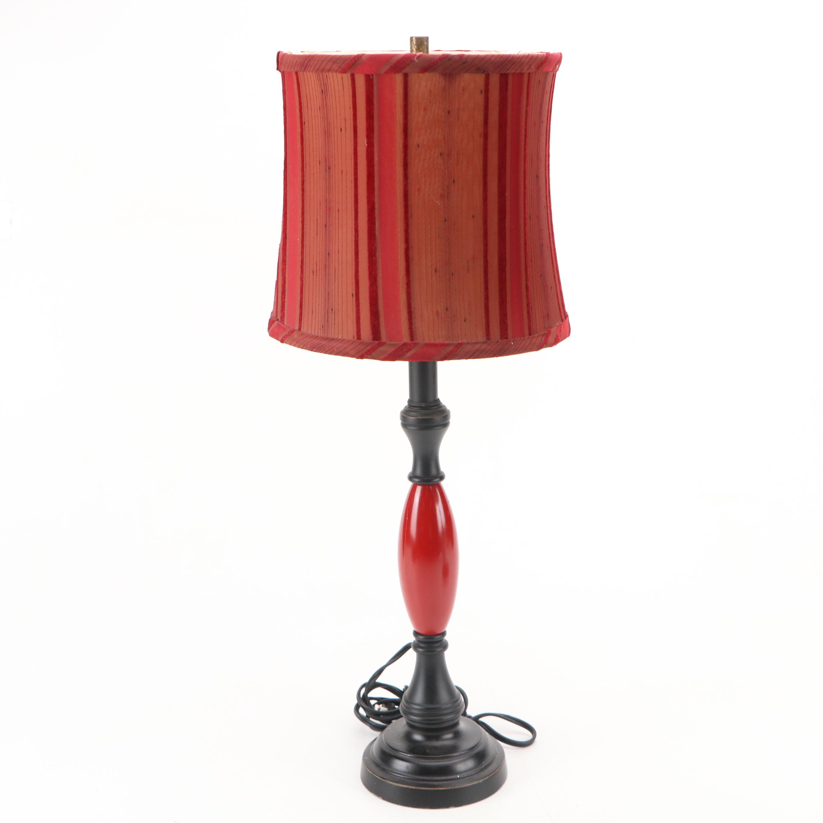 Arhaus Vintage Black & Red Enameled Candlestick Lamps with Velvet & Sheer Shades