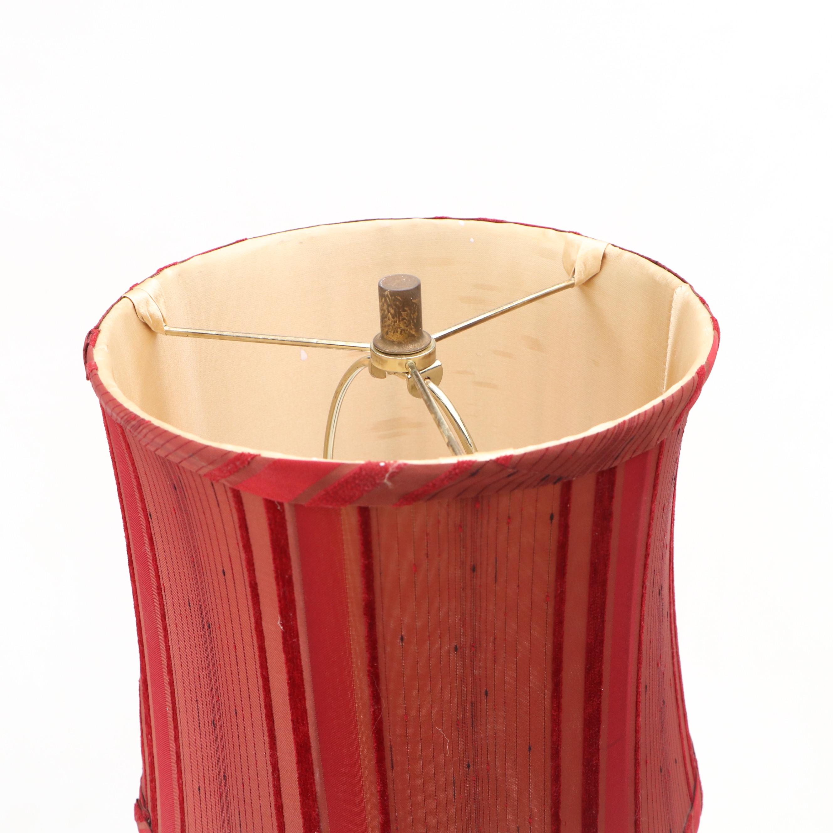 Arhaus Vintage Black & Red Enameled Candlestick Lamps with Velvet & Sheer Shades