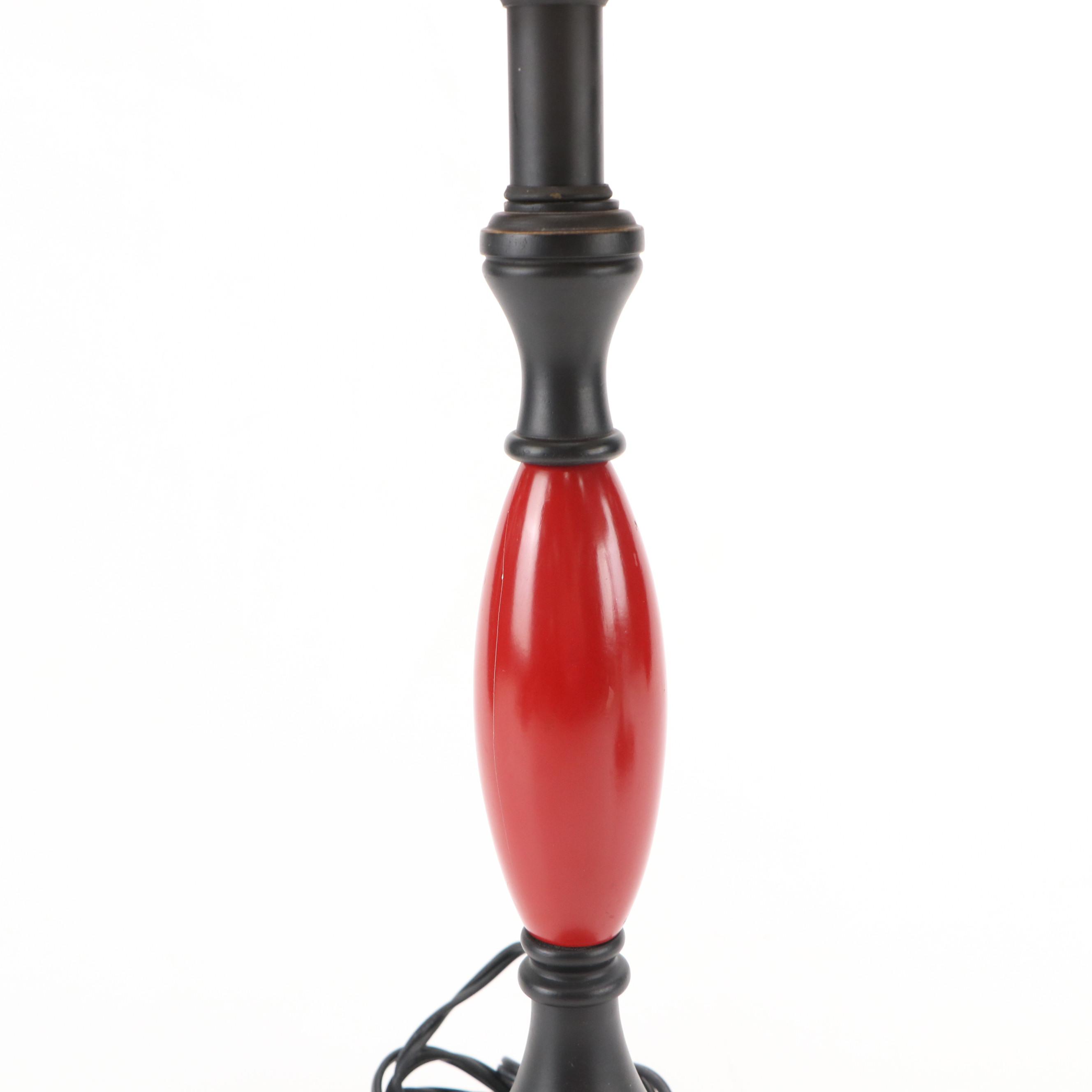 Arhaus Vintage Black & Red Enameled Candlestick Lamps with Velvet & Sheer Shades