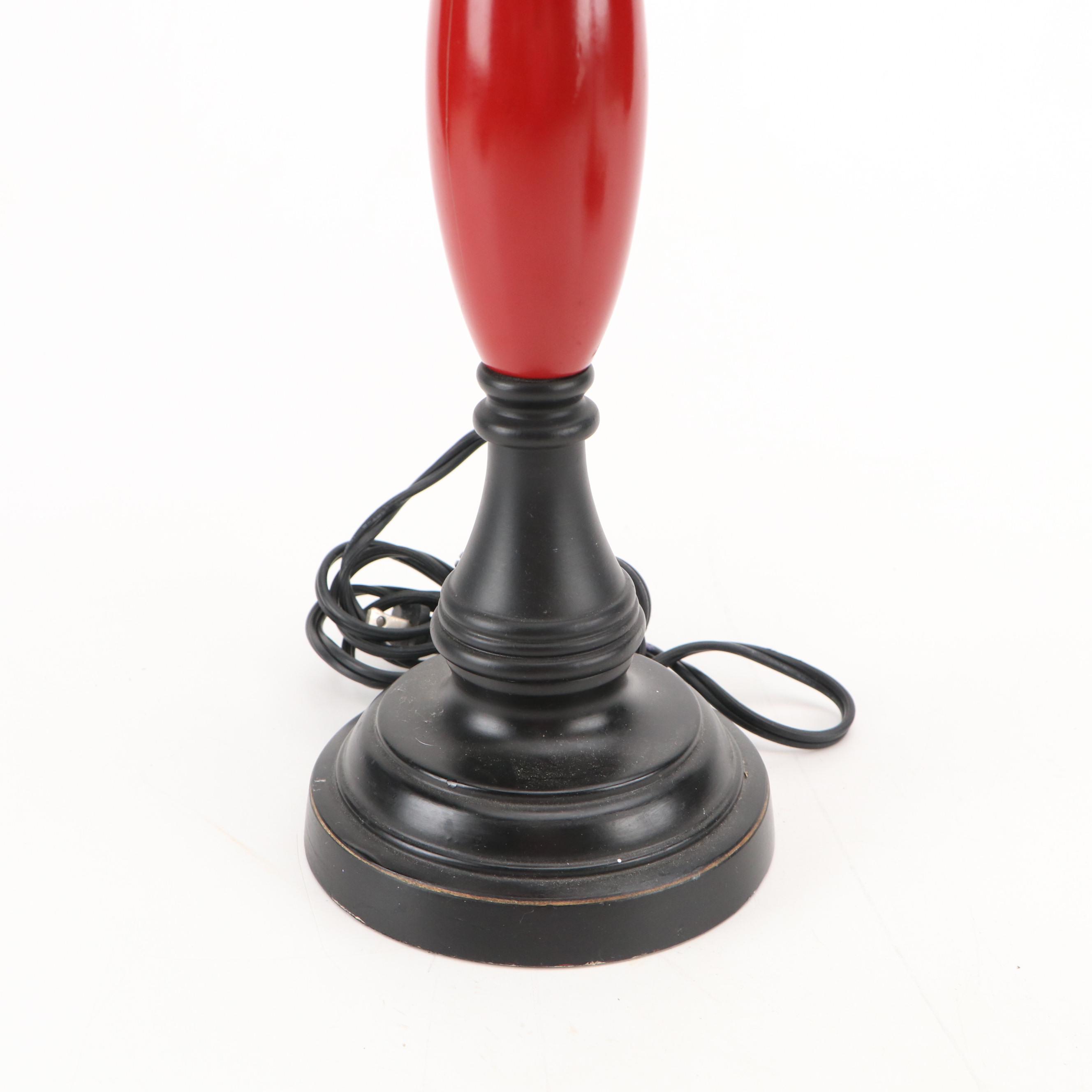 Arhaus Vintage Black & Red Enameled Candlestick Lamps with Velvet & Sheer Shades