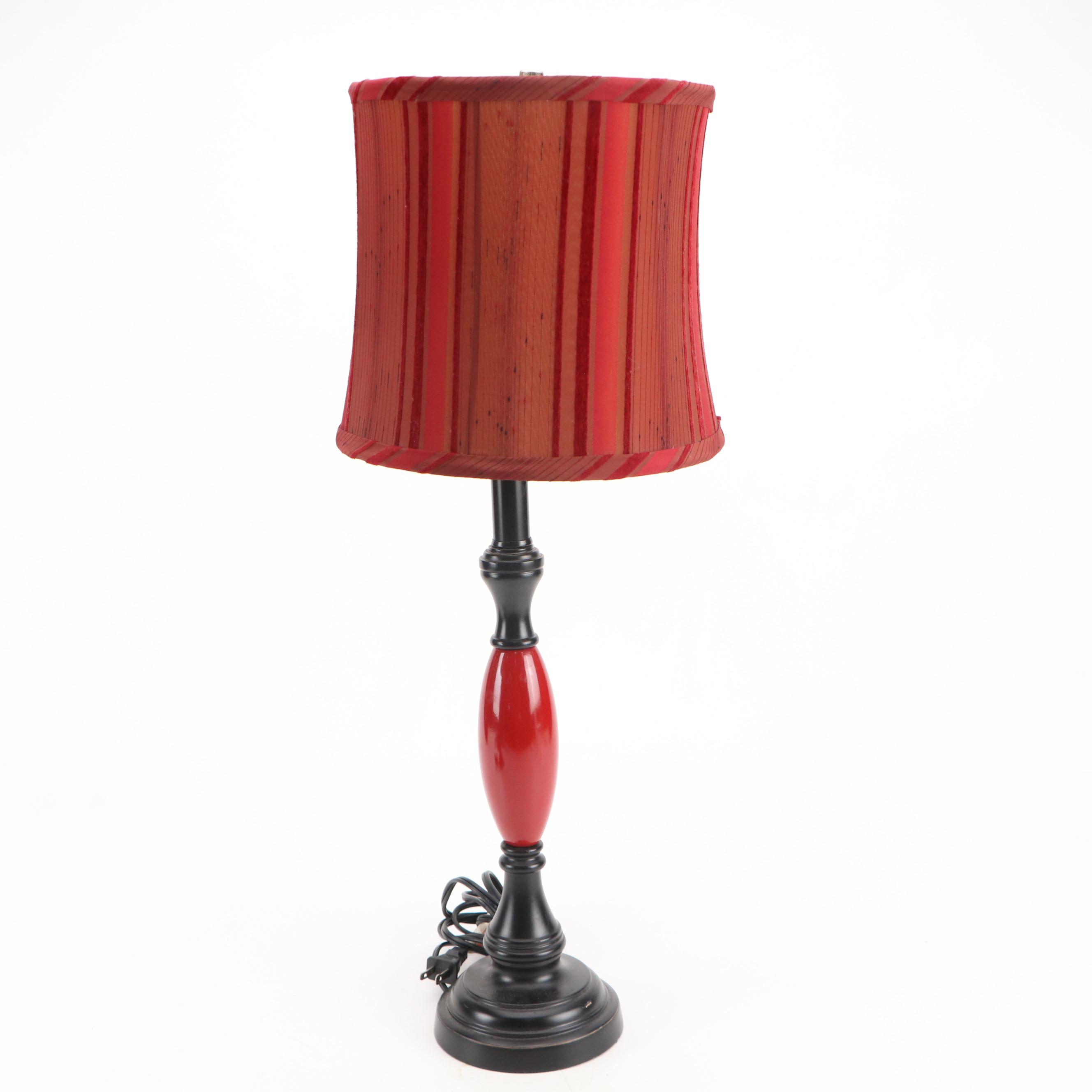 Arhaus Vintage Black & Red Enameled Candlestick Lamps with Velvet & Sheer Shades