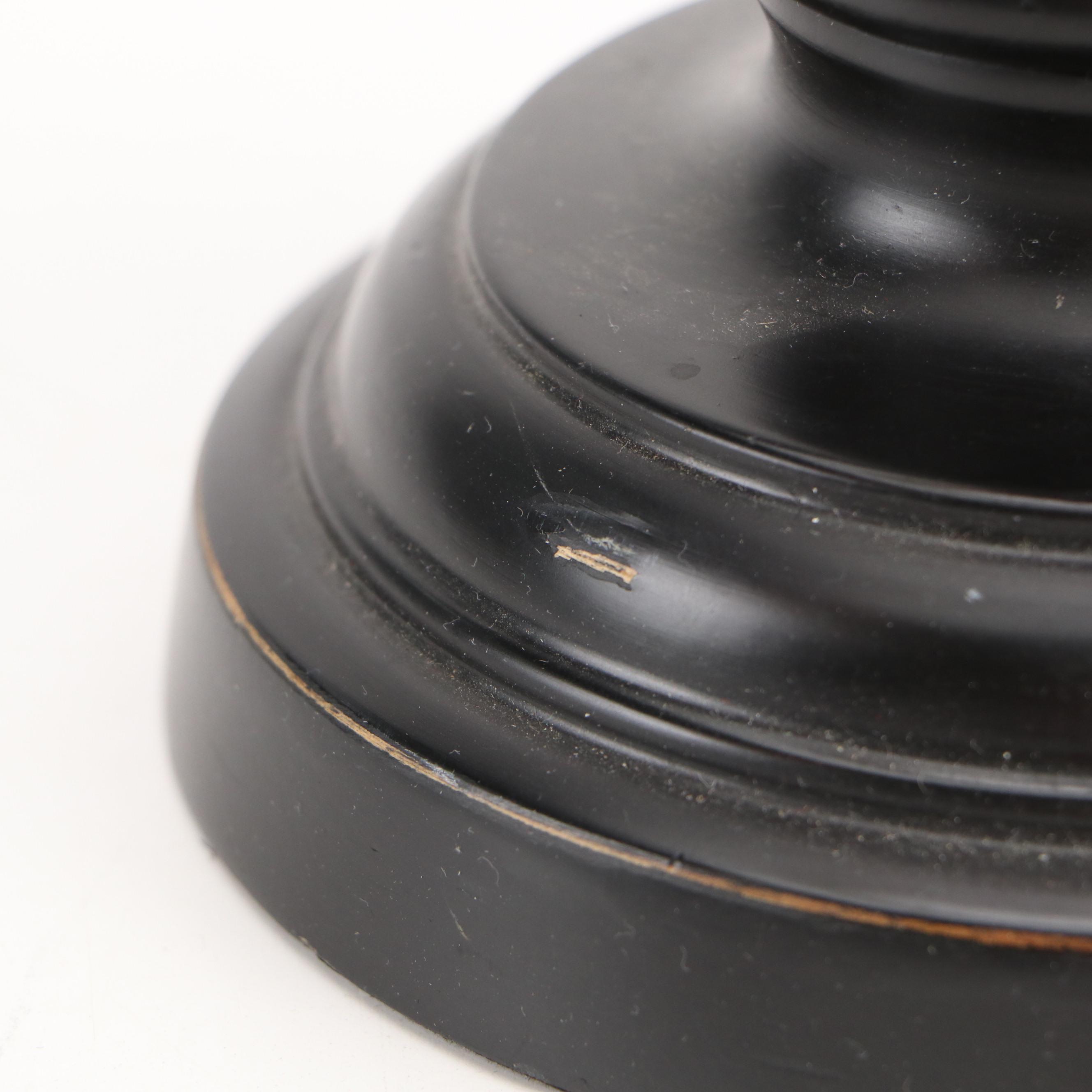 Arhaus Vintage Black & Red Enameled Candlestick Lamps with Velvet & Sheer Shades