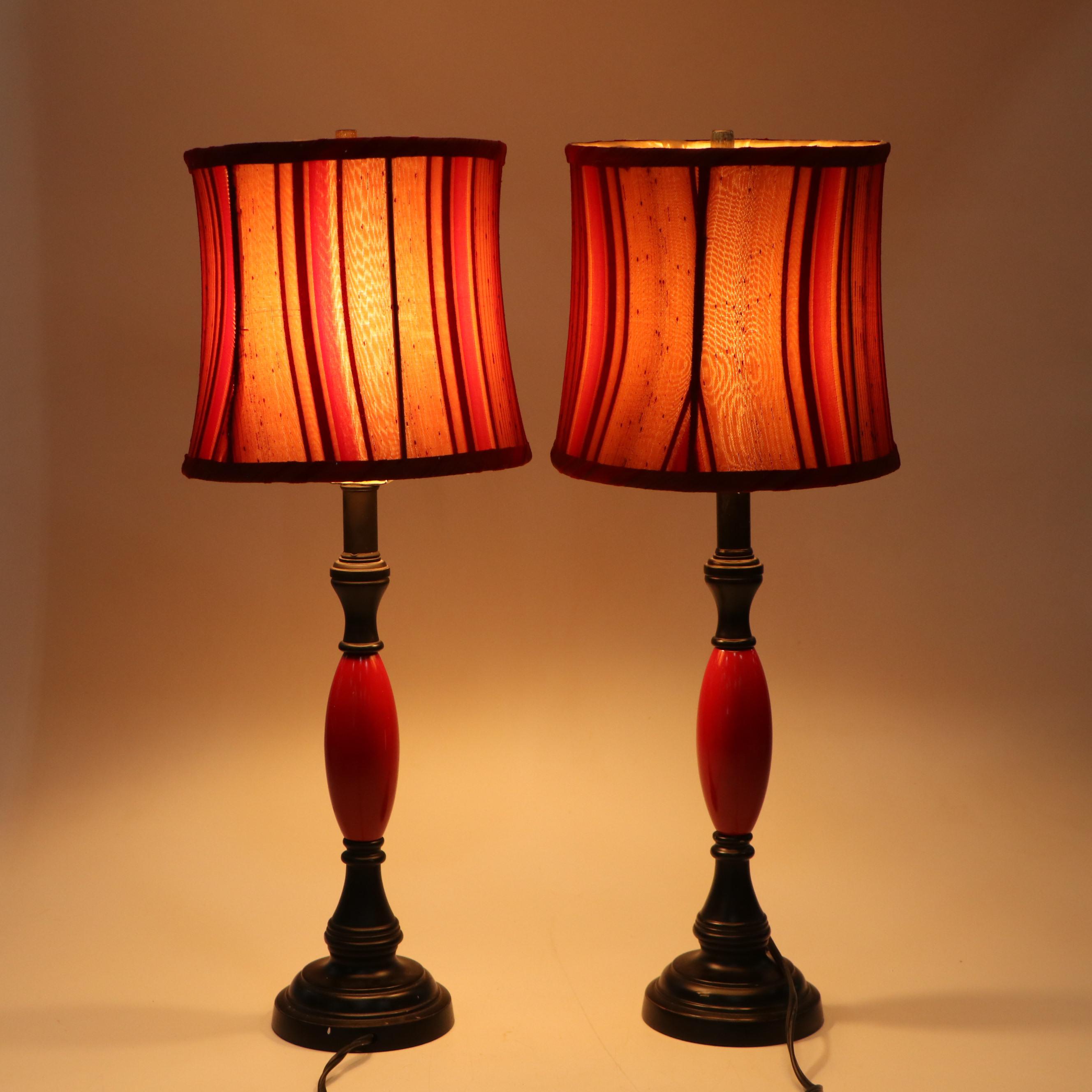 Arhaus Vintage Black & Red Enameled Candlestick Lamps with Velvet & Sheer Shades