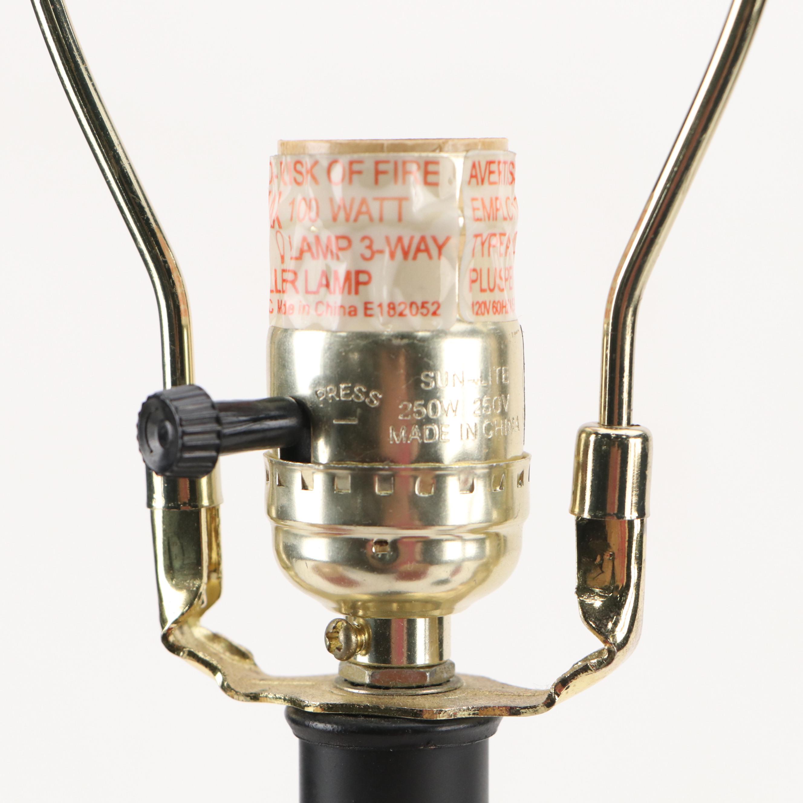 Arhaus Vintage Black & Red Enameled Candlestick Lamps with Velvet & Sheer Shades