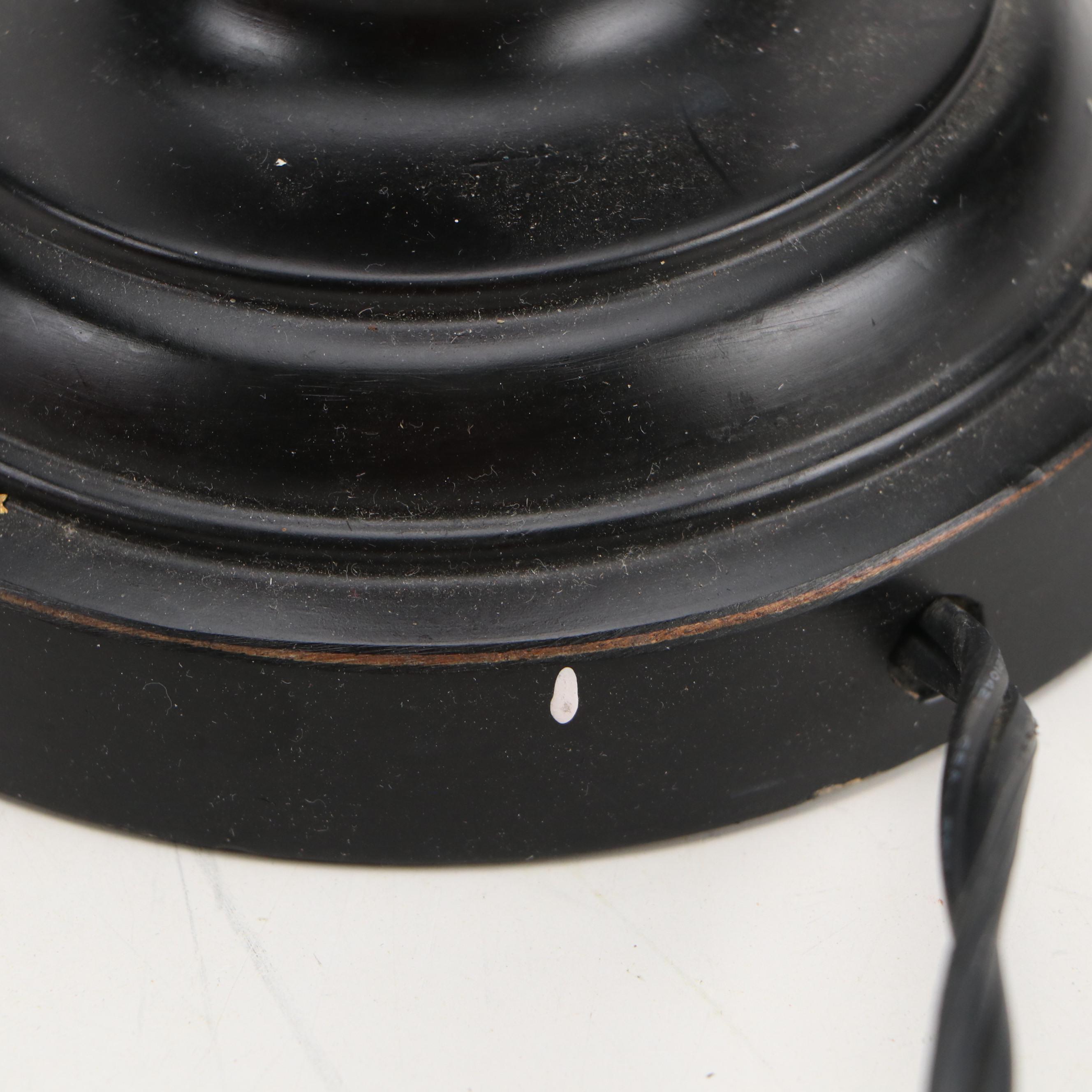 Arhaus Vintage Black & Red Enameled Candlestick Lamps with Velvet & Sheer Shades