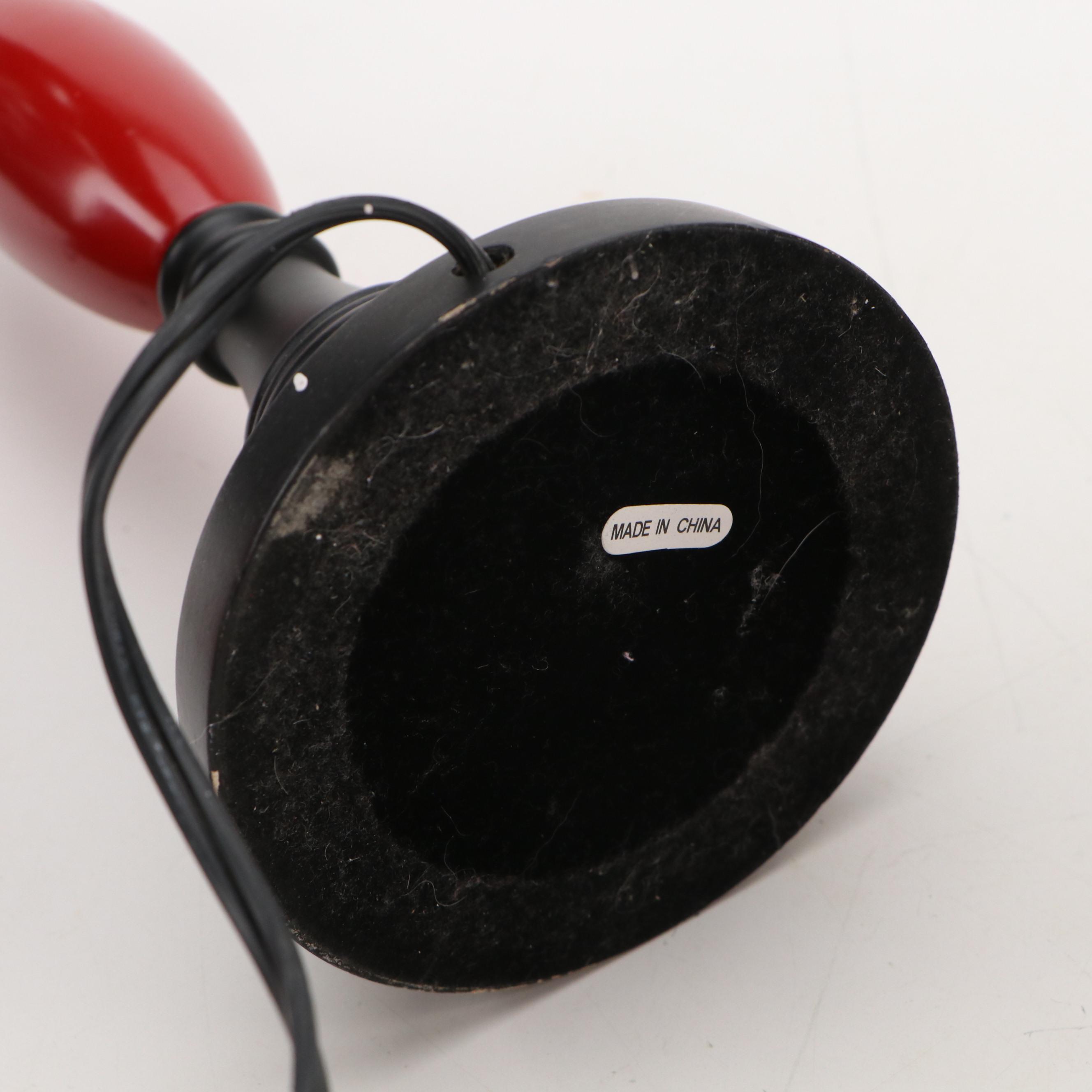 Arhaus Vintage Black & Red Enameled Candlestick Lamps with Velvet & Sheer Shades