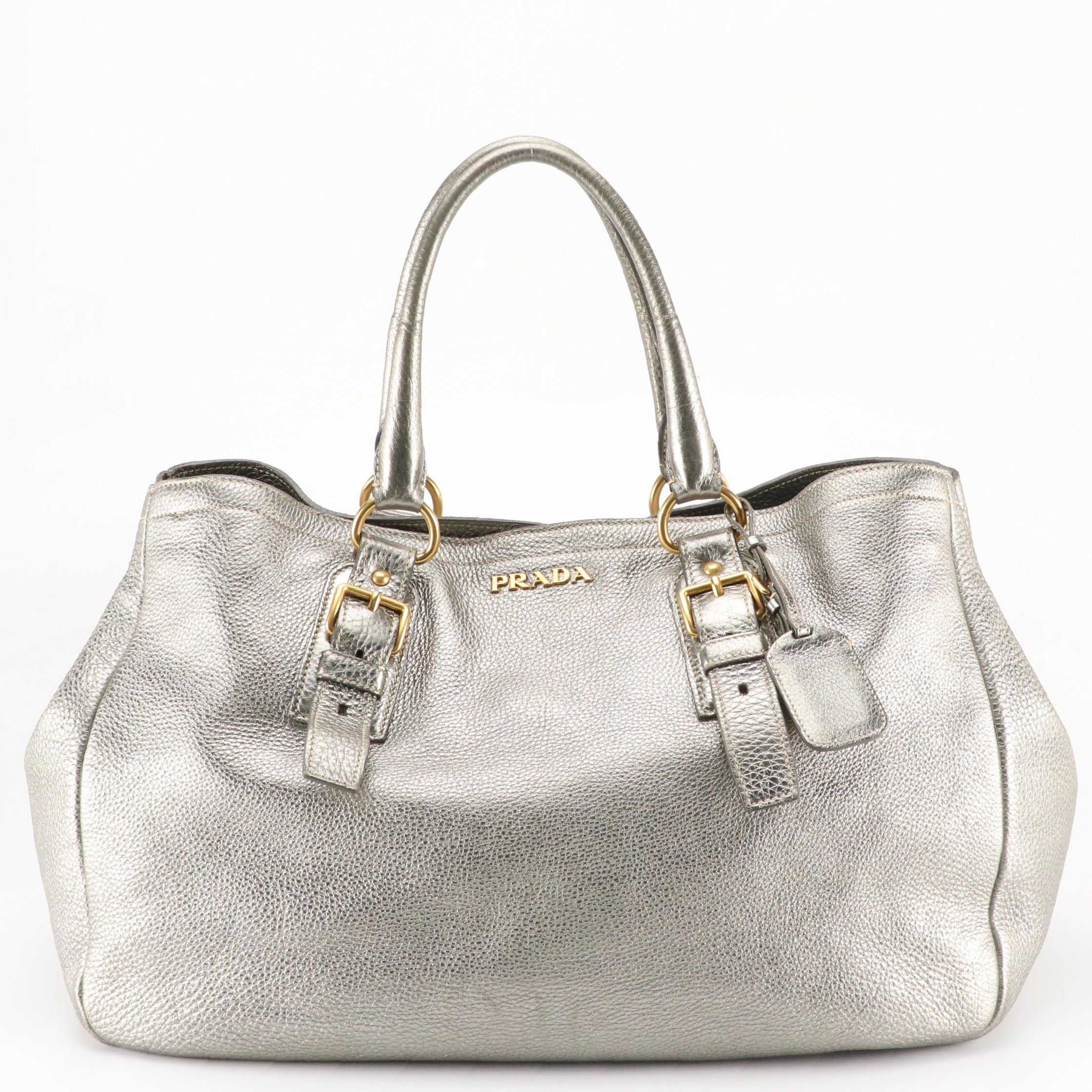 Prada Large Shopper Tote in Metallic Silver Vitello Daino Leather
