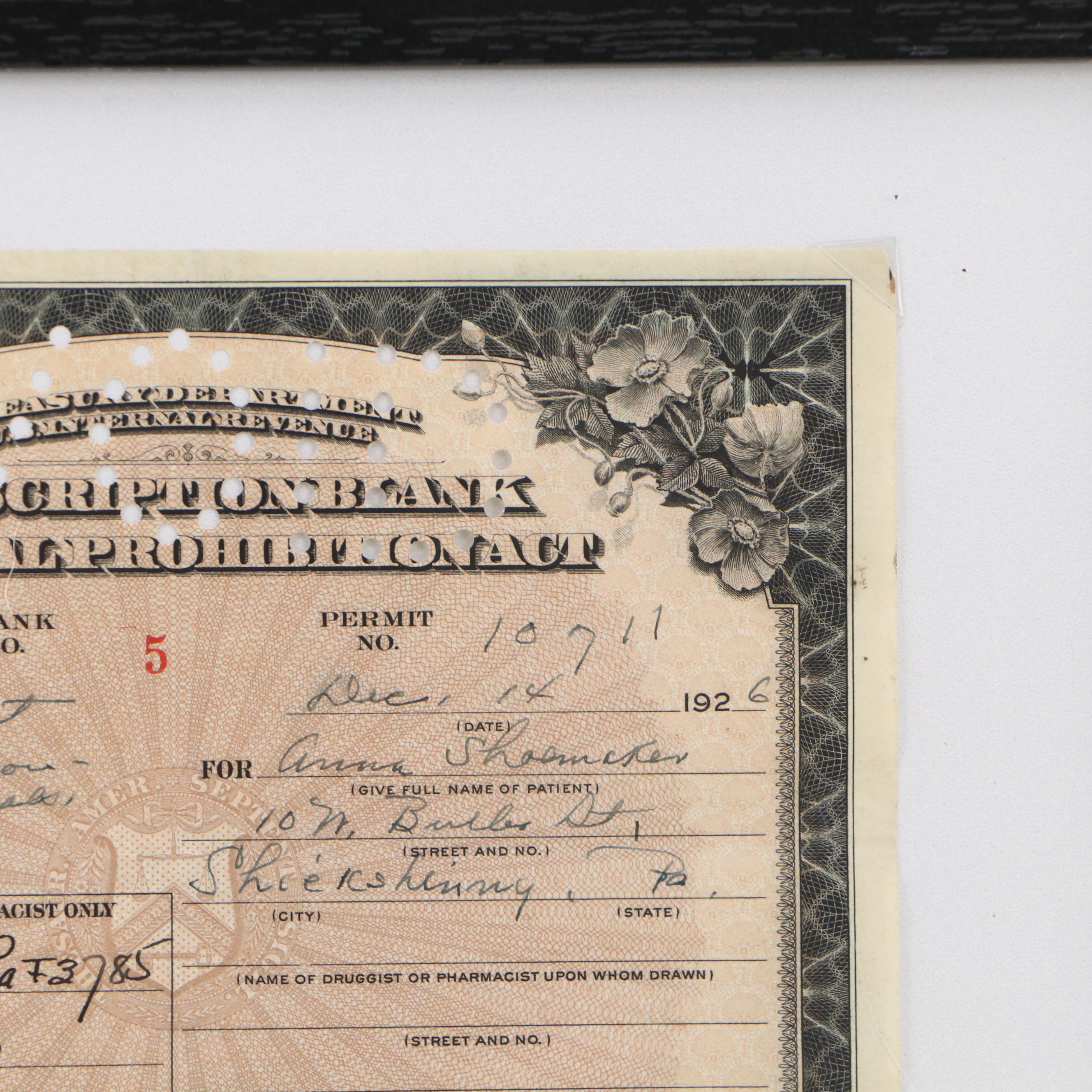 Prohibition Era Prescription Form for Whiskey, 1926