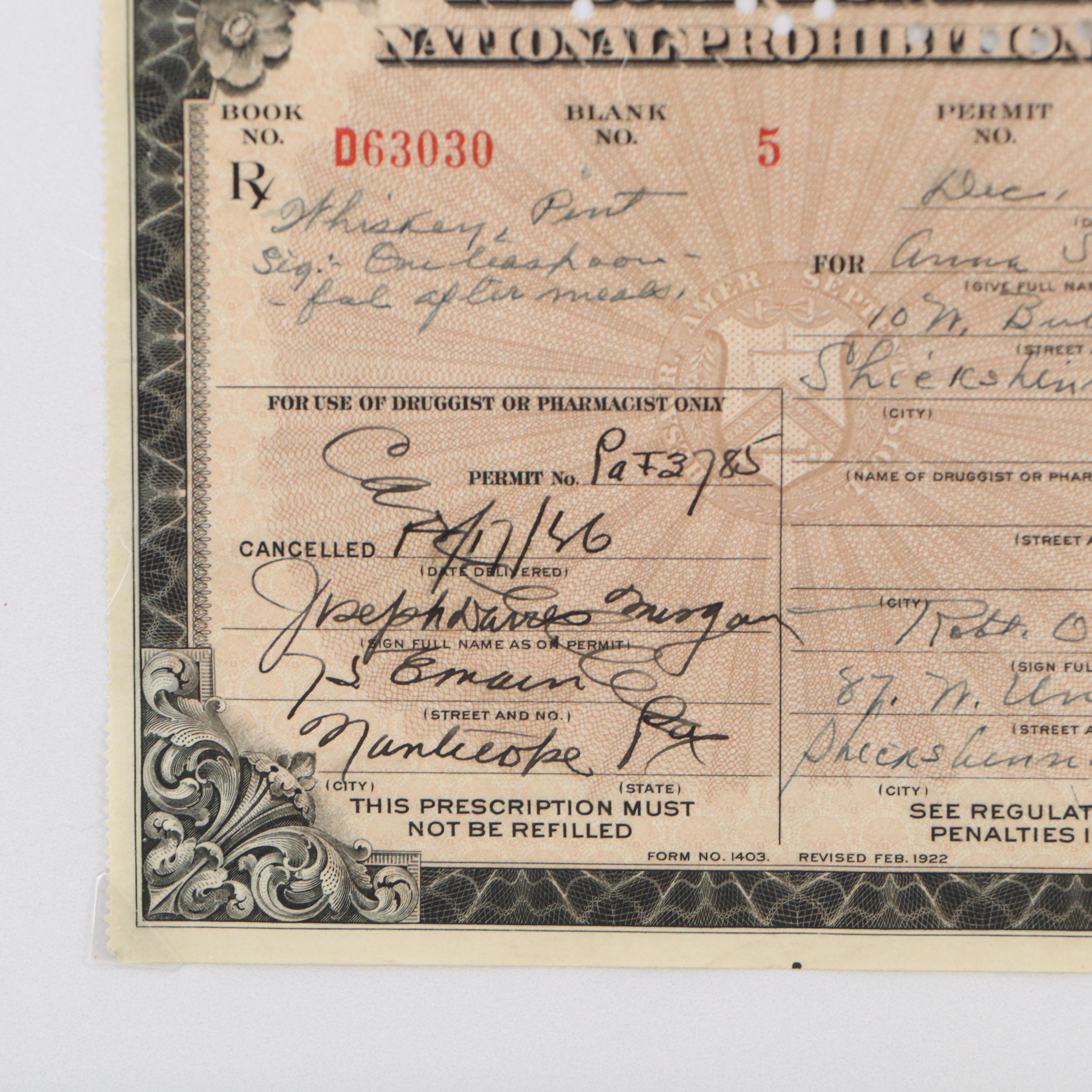 Prohibition Era Prescription Form for Whiskey, 1926