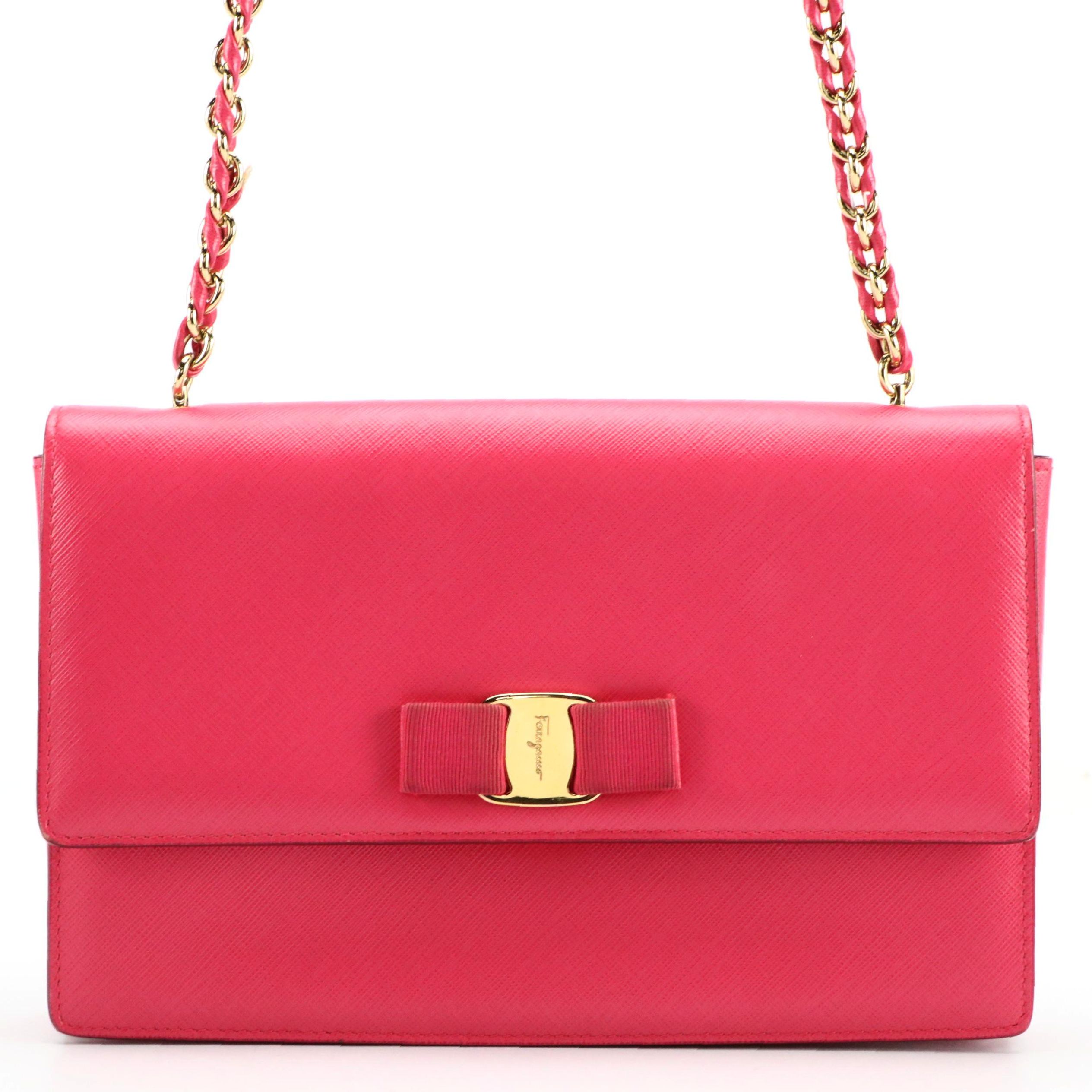 Salvatore Ferragamo Vara Bow Chain Shoulder Bag in Pink Taiga Leather