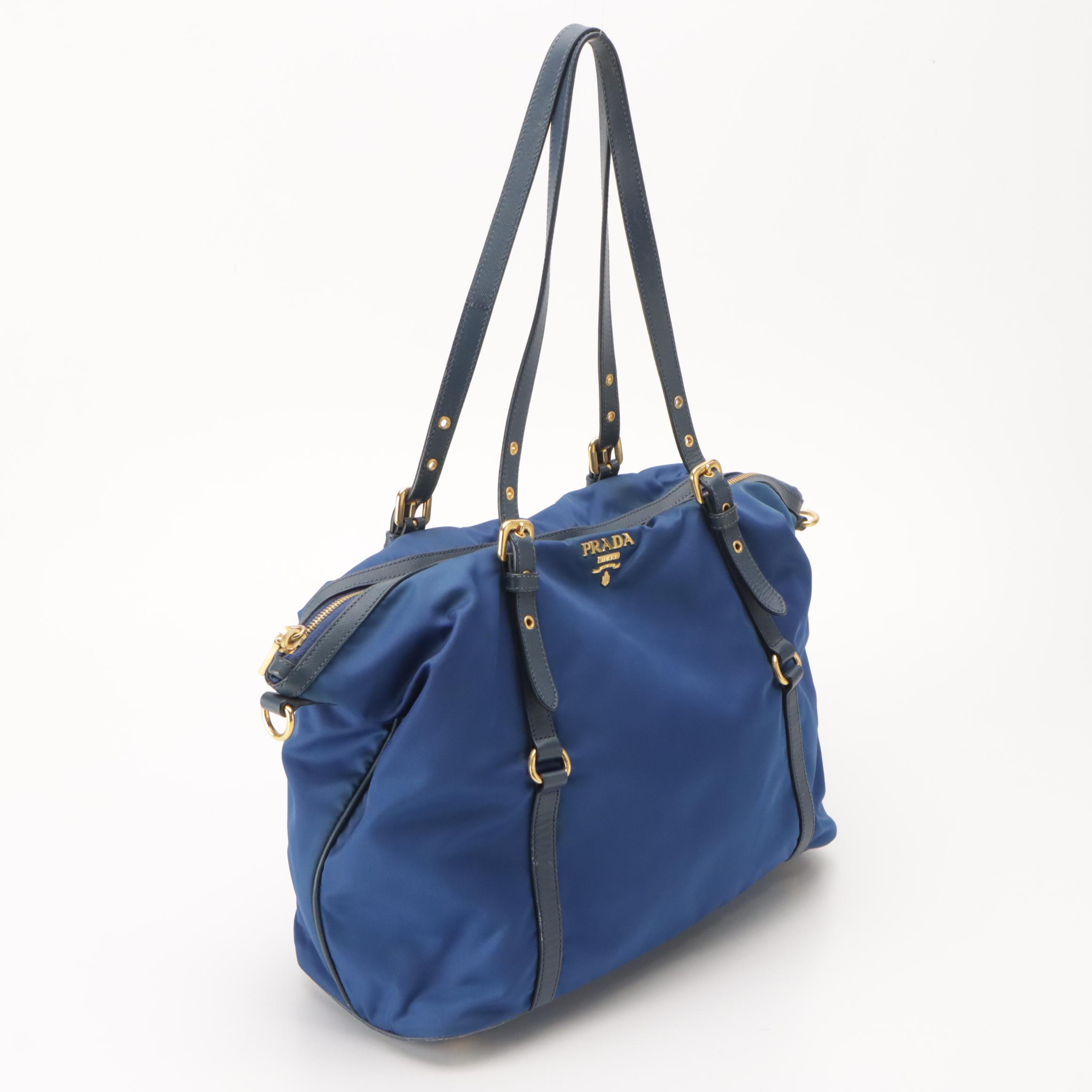 Prada Shoulder Bag in Blue Nylon with Leather Trim