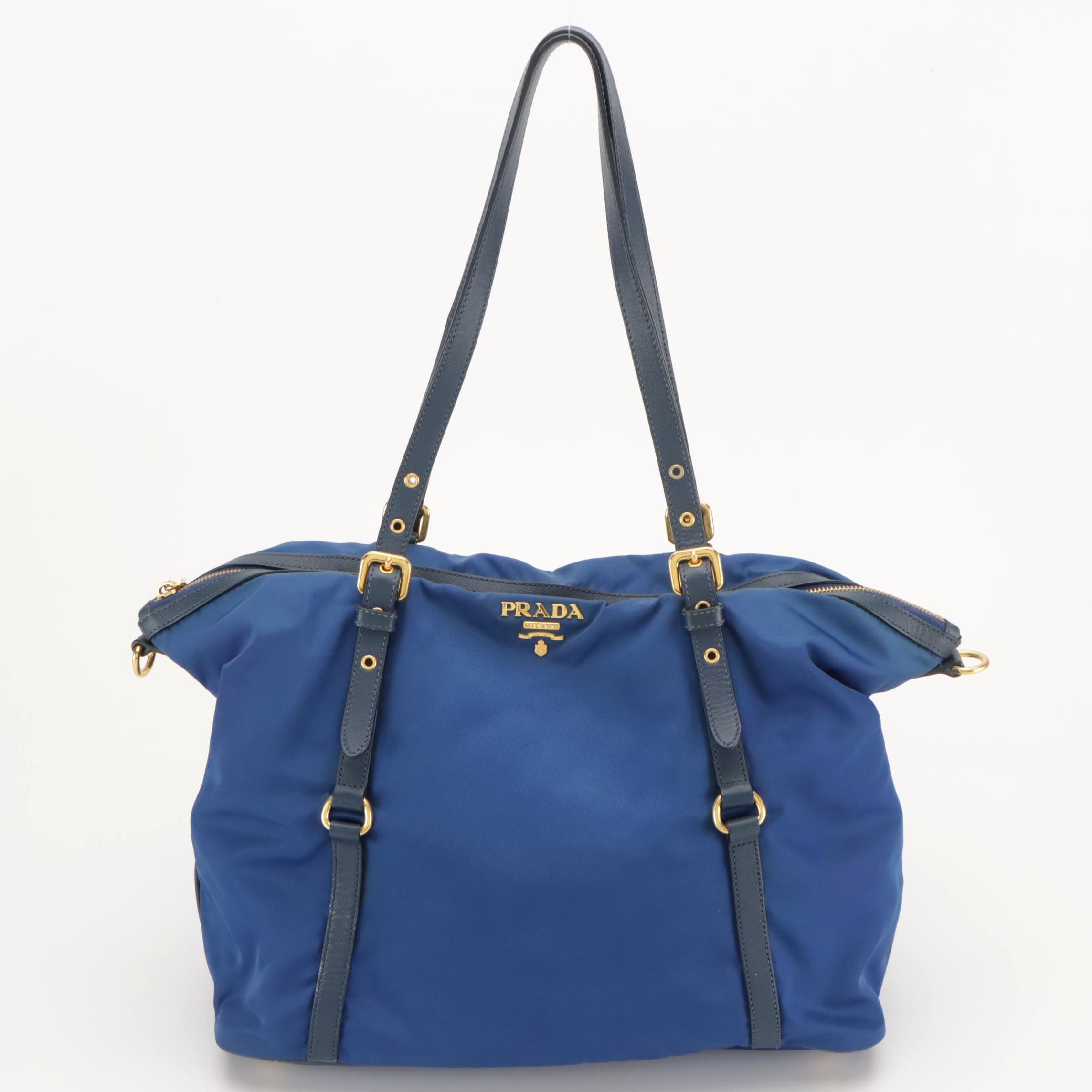 Prada Shoulder Bag in Blue Nylon with Leather Trim