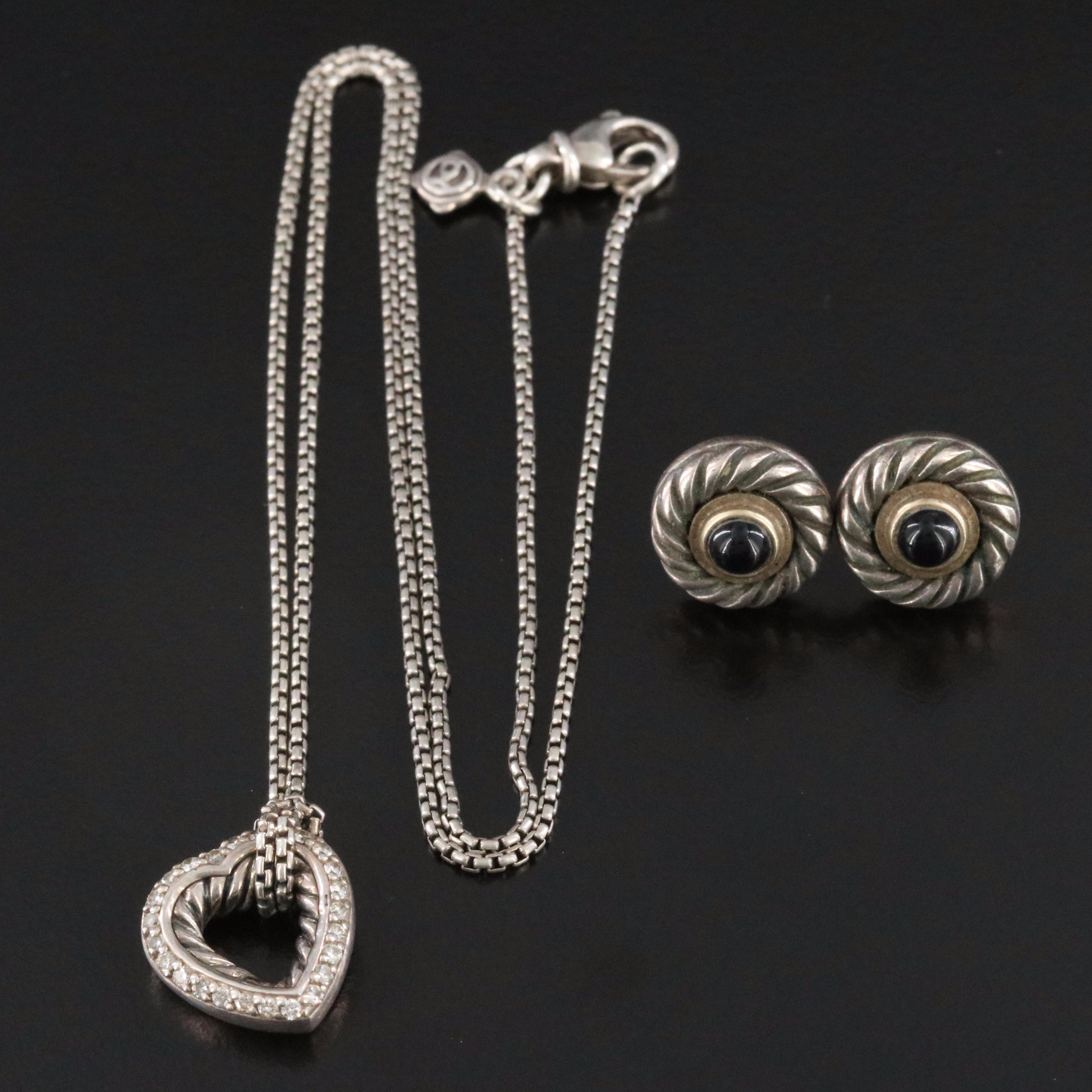 David Yurman Sterling and Diamond Cable Heart Necklace and Cookie Earrings