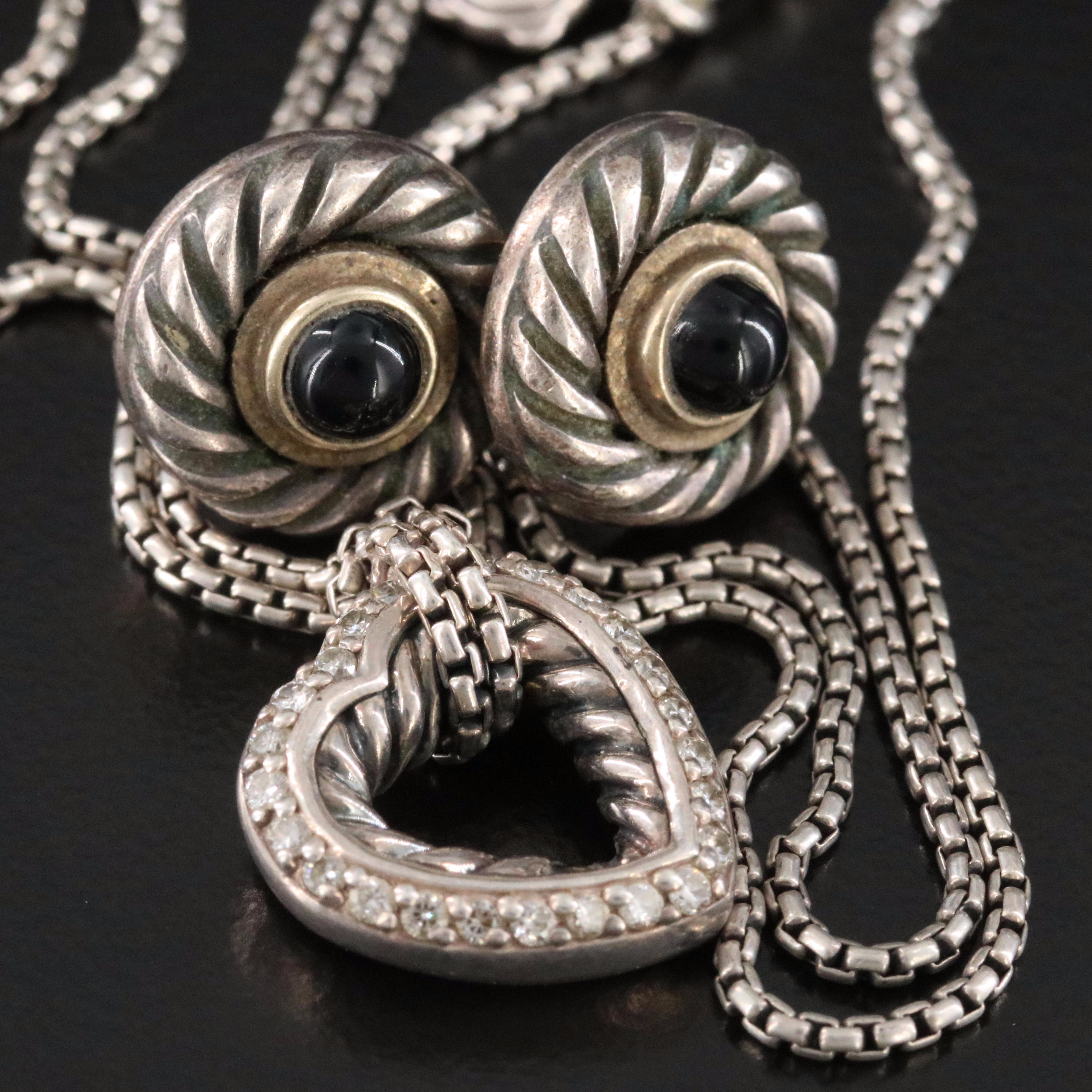David Yurman Sterling and Diamond Cable Heart Necklace and Cookie Earrings