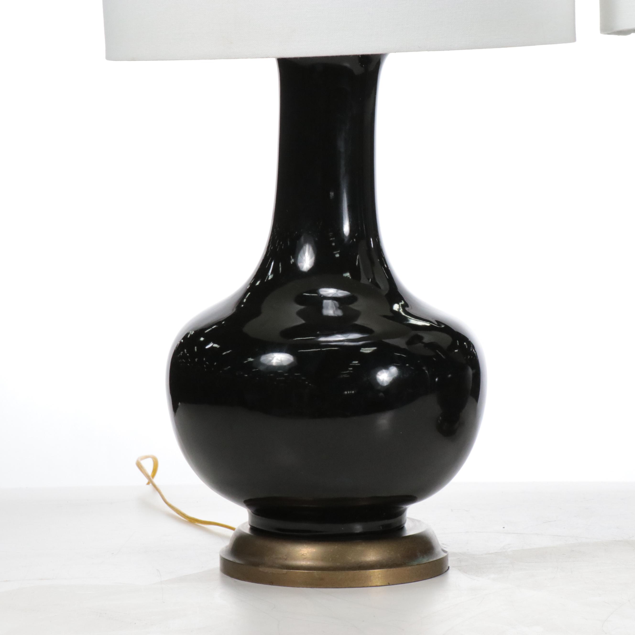 Pair of Williams Sonoma Home Black Ceramic Vase Table Lamps with Drum Shades