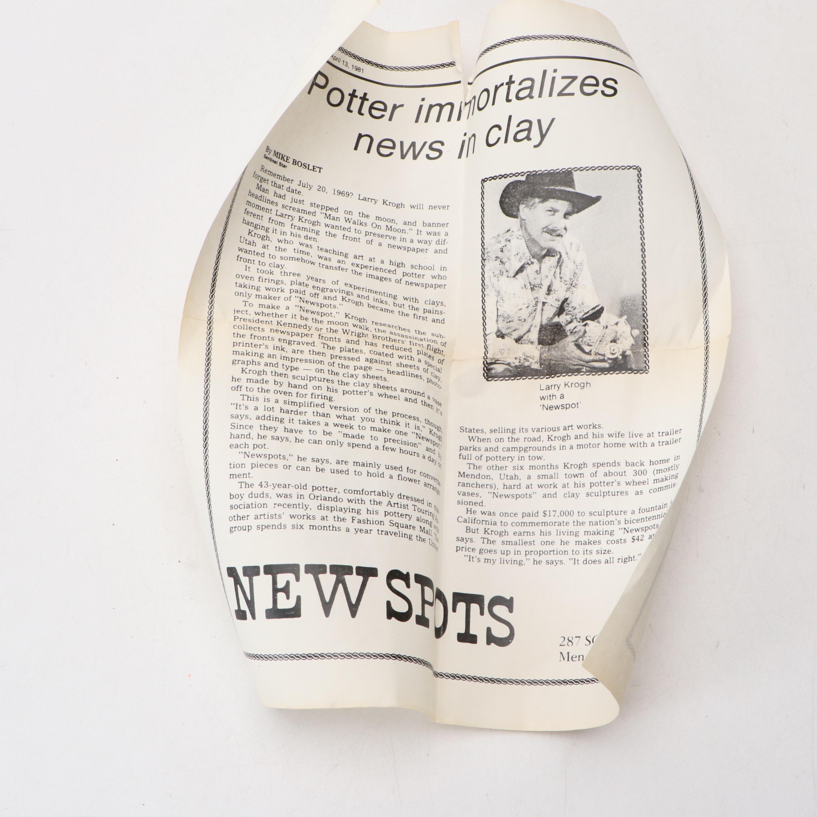 Larry Krogh Art Pottery Newspaper Pitcher, Late 20th Century