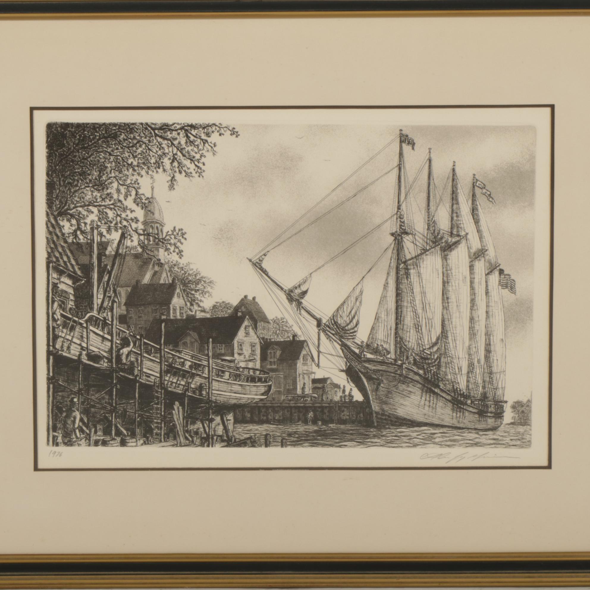 Alan Jay Gaines "Tall Ships" Intaglio Print, 1976