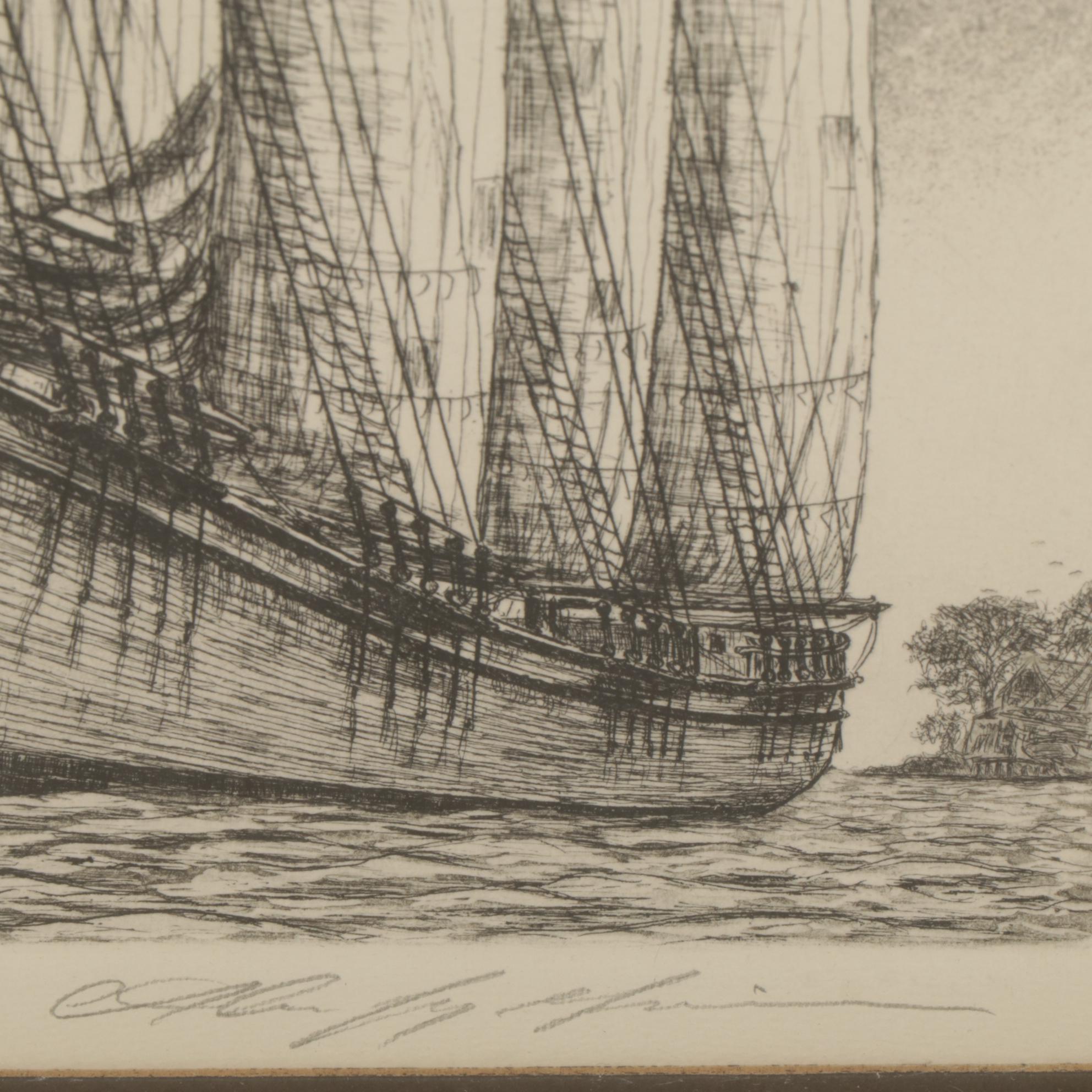 Alan Jay Gaines "Tall Ships" Intaglio Print, 1976