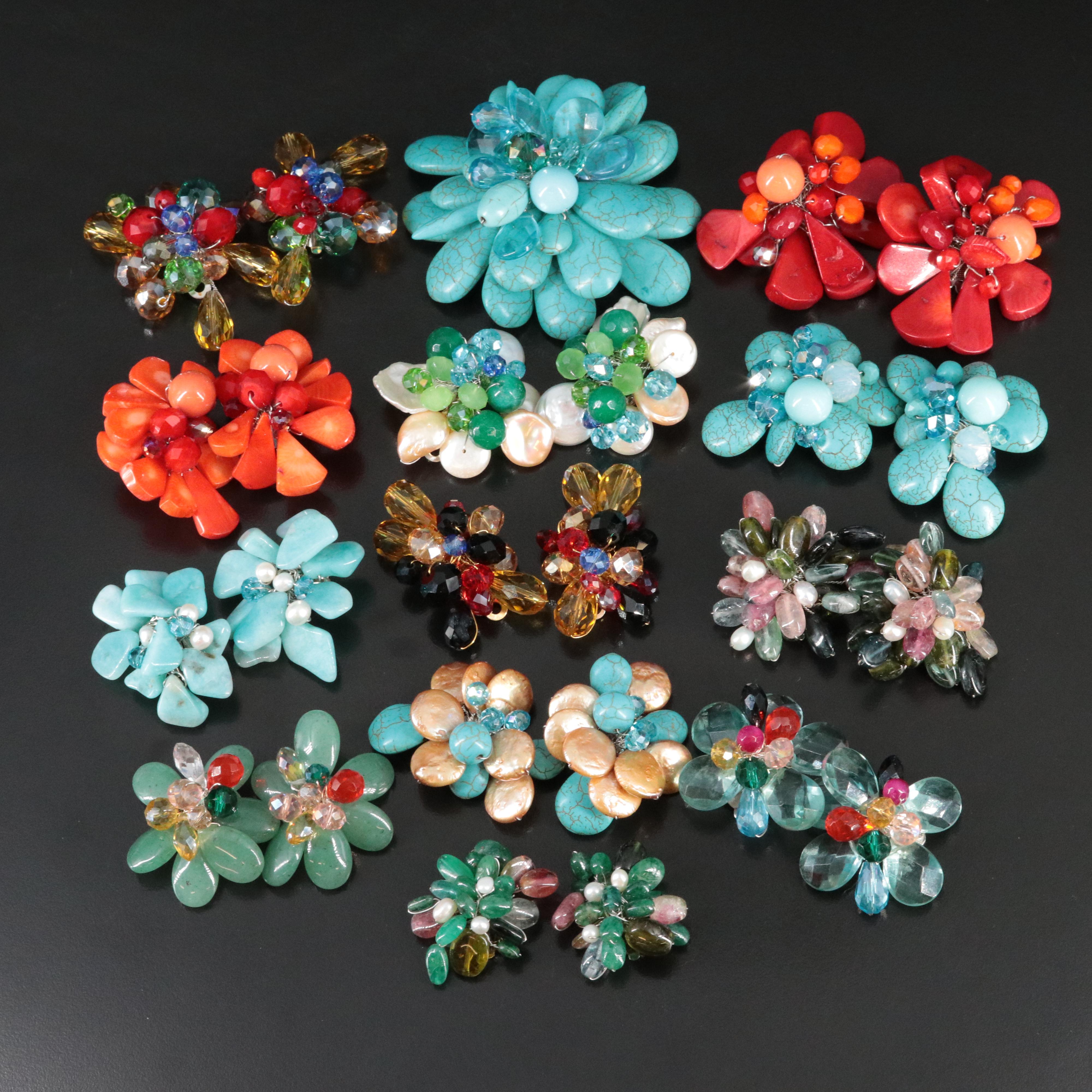 Earring and Brooch Collection Featuring Coral, Faux Turquoise and Cultured Pearl