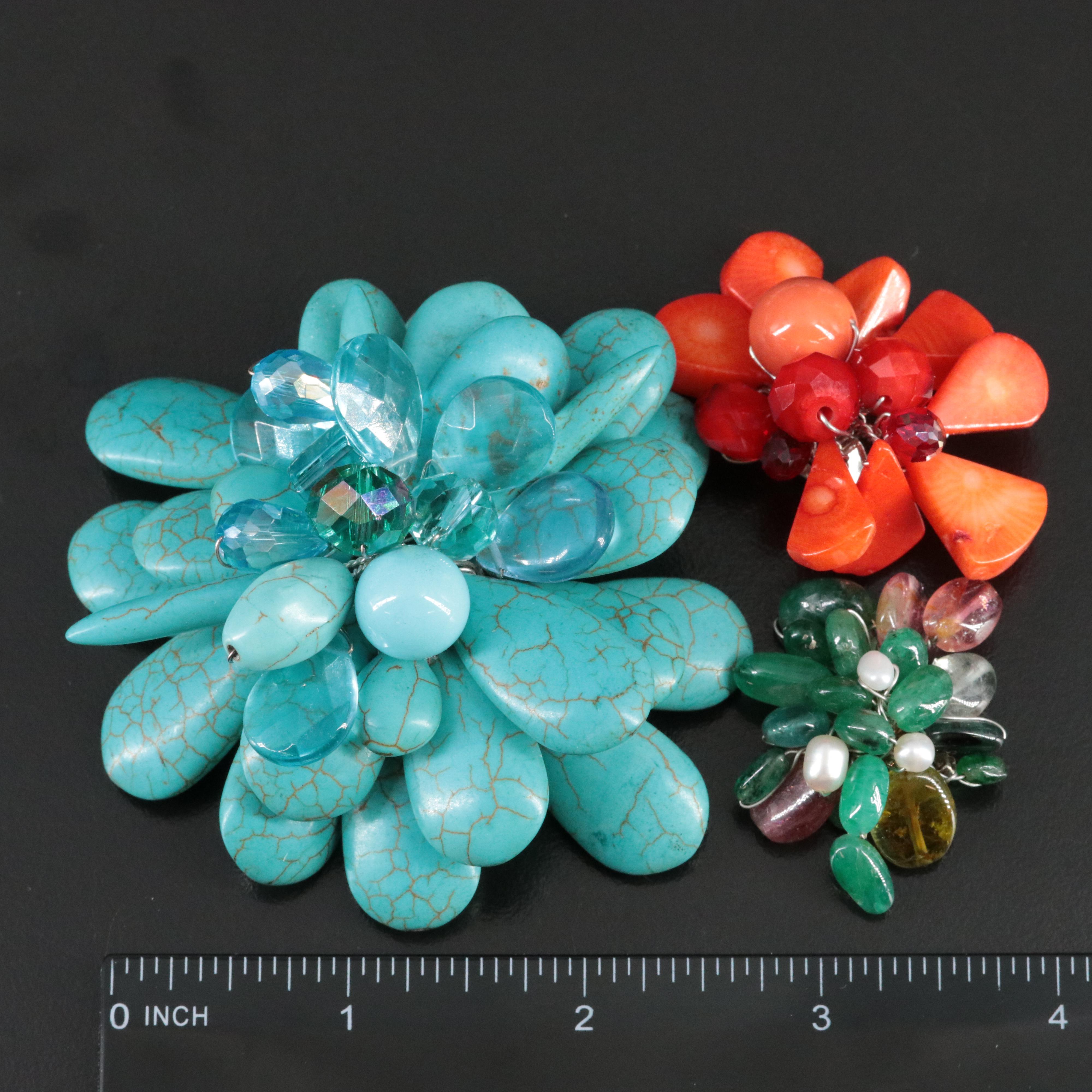 Earring and Brooch Collection Featuring Coral, Faux Turquoise and Cultured Pearl