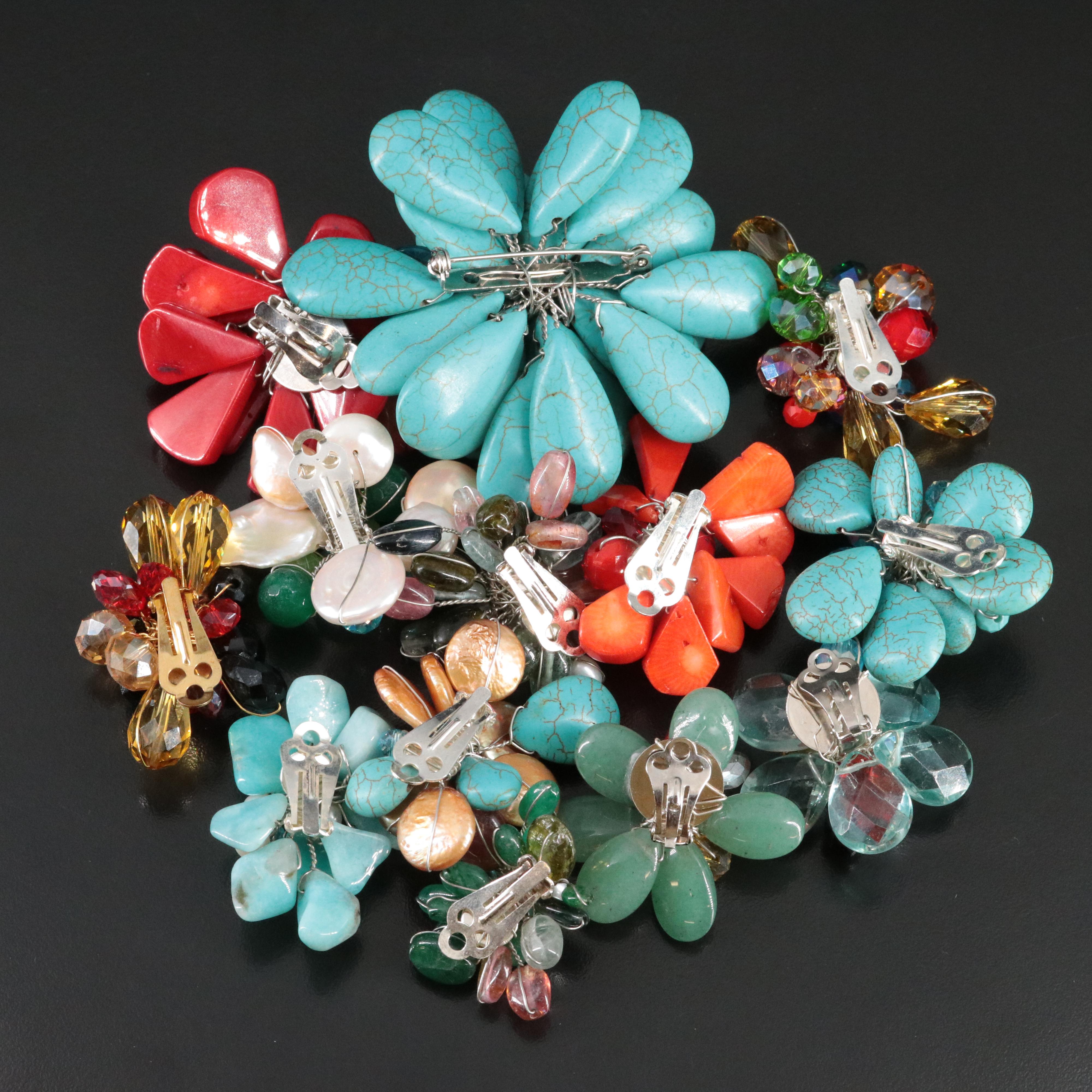 Earring and Brooch Collection Featuring Coral, Faux Turquoise and Cultured Pearl