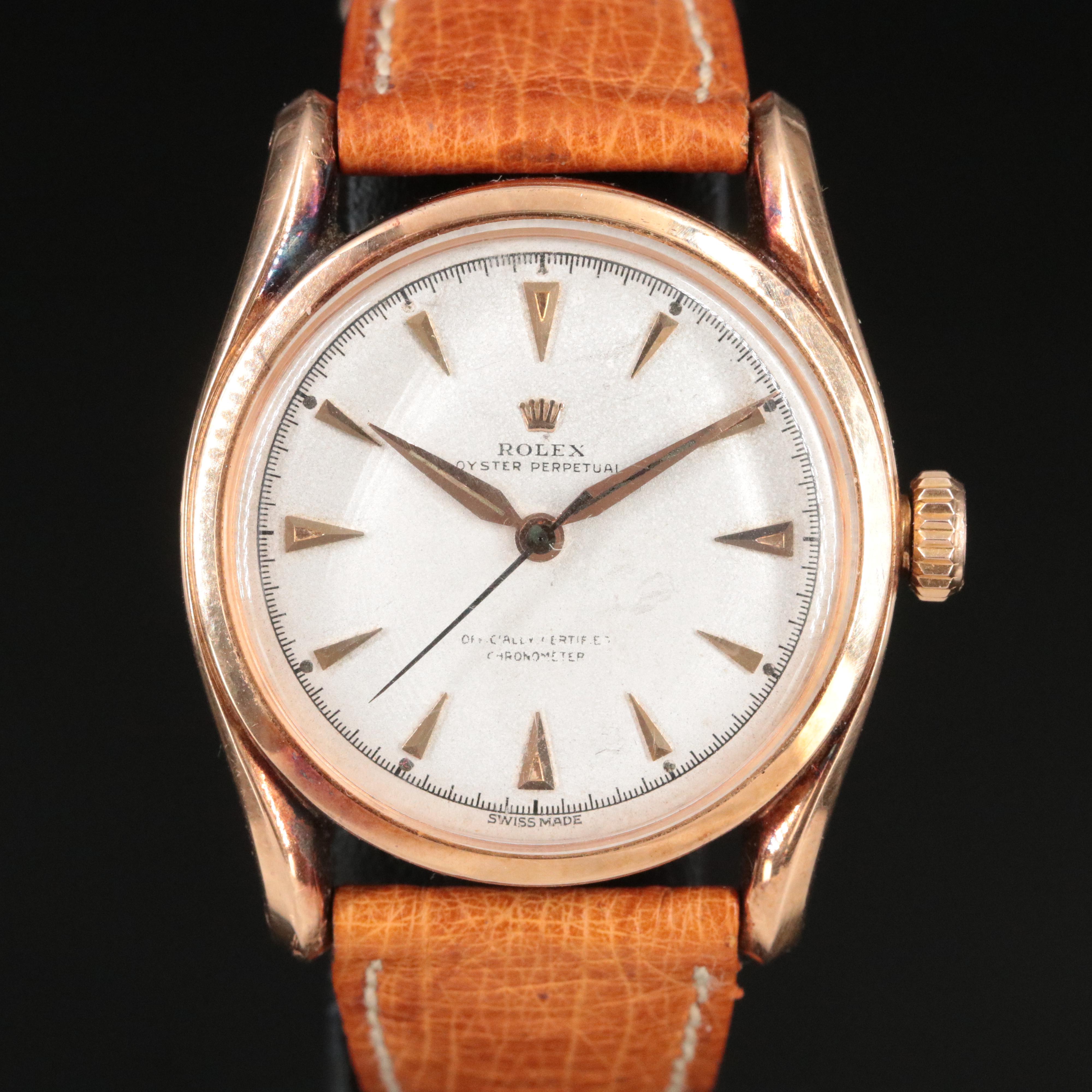 Vintage Rolex Oyster Perpetual 18K Rose Gold Bombay Model 6090 Watch