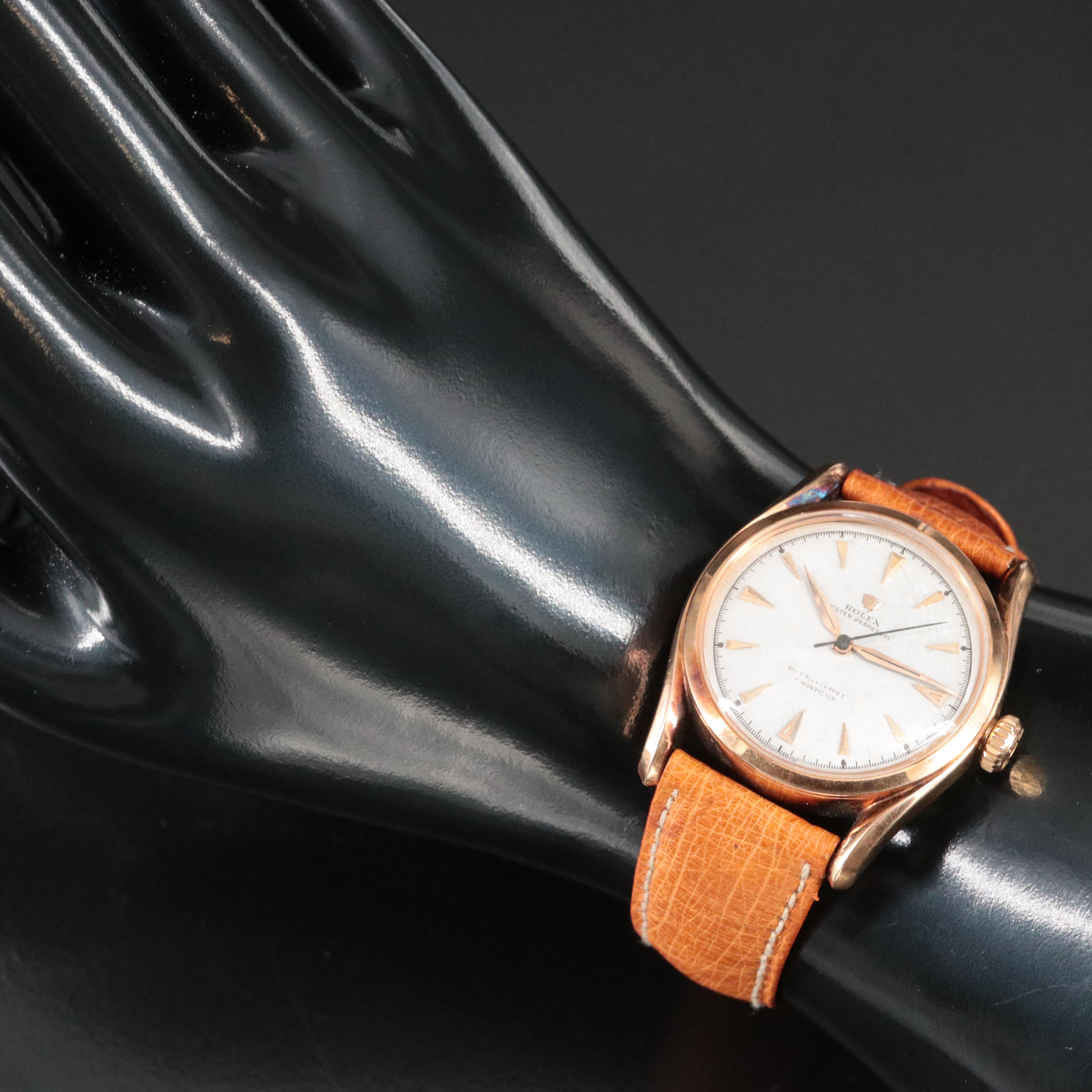 Vintage Rolex Oyster Perpetual 18K Rose Gold Bombay Model 6090 Watch