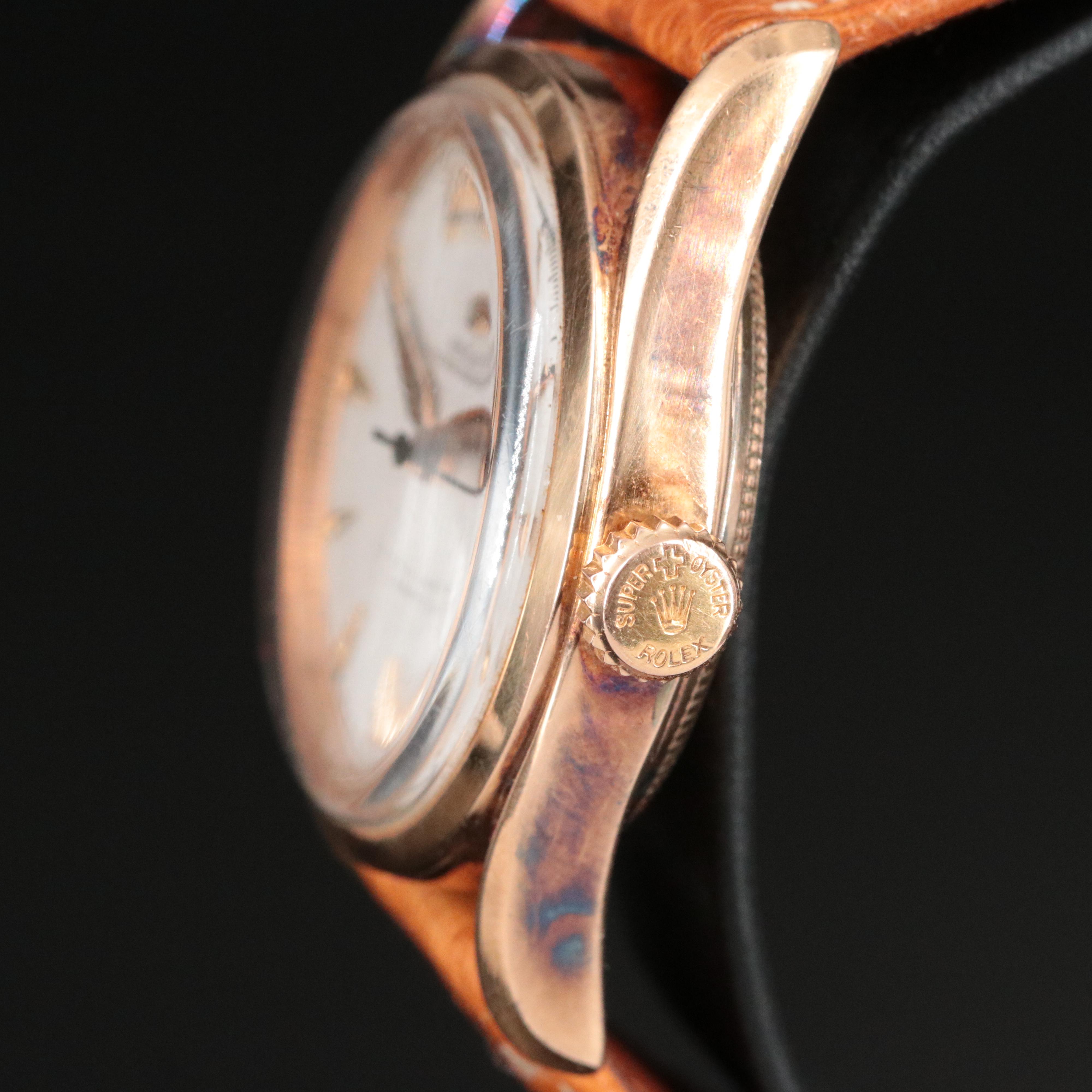 Vintage Rolex Oyster Perpetual 18K Rose Gold Bombay Model 6090 Watch