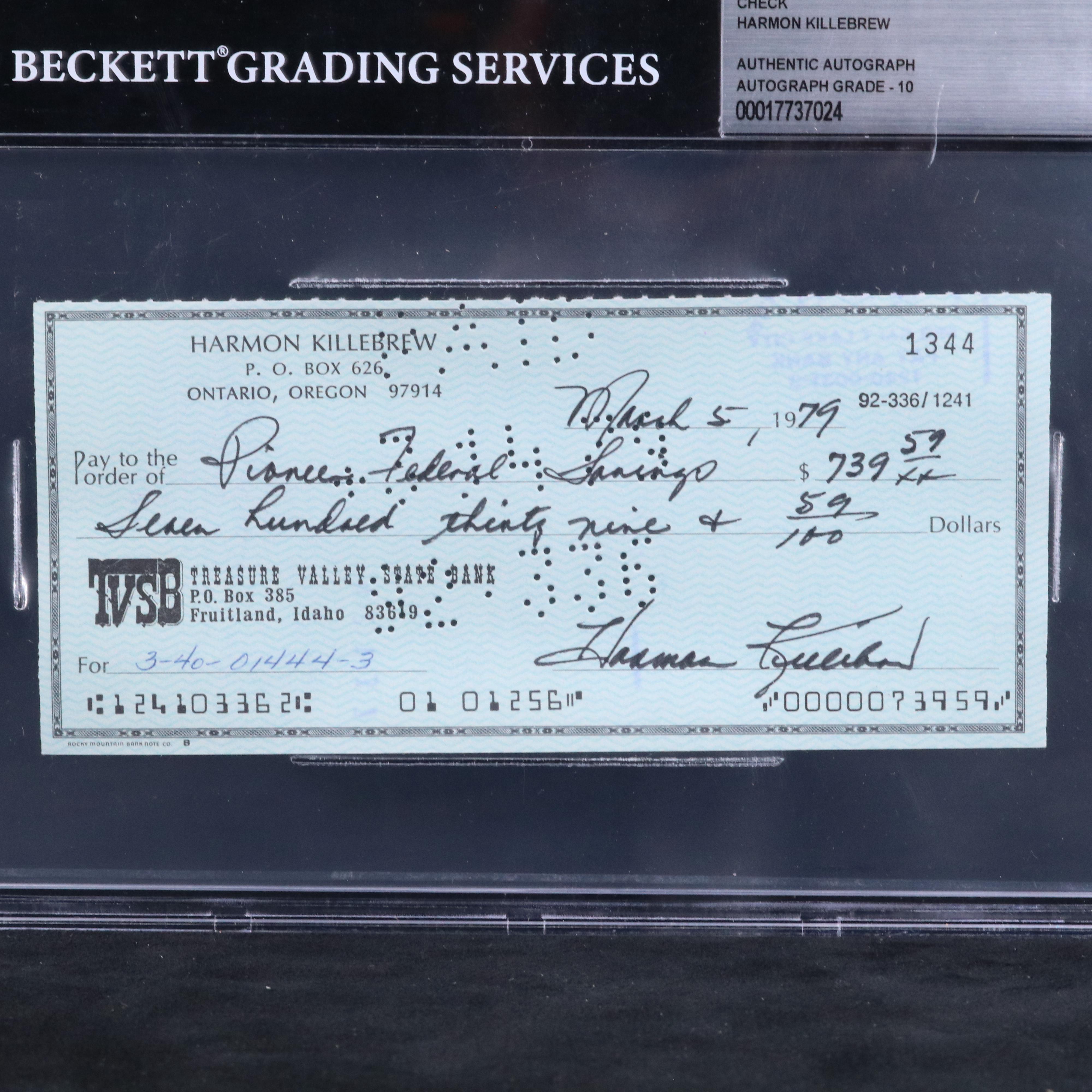 Harmon Killebrew Signed Personal Check, Beckett