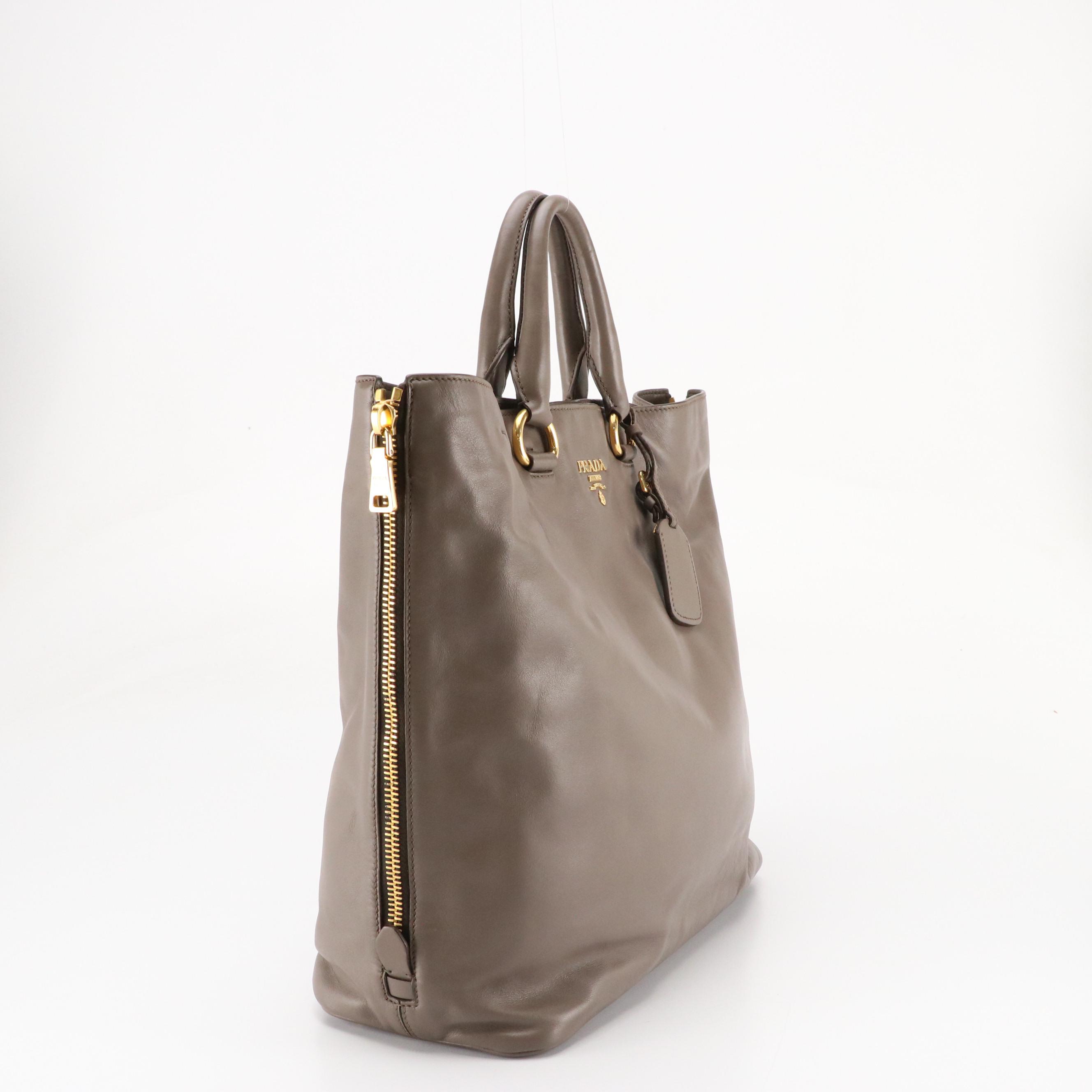 Prada Side Zip Soft Calf Leather Two-Way Shopping Tote Bag