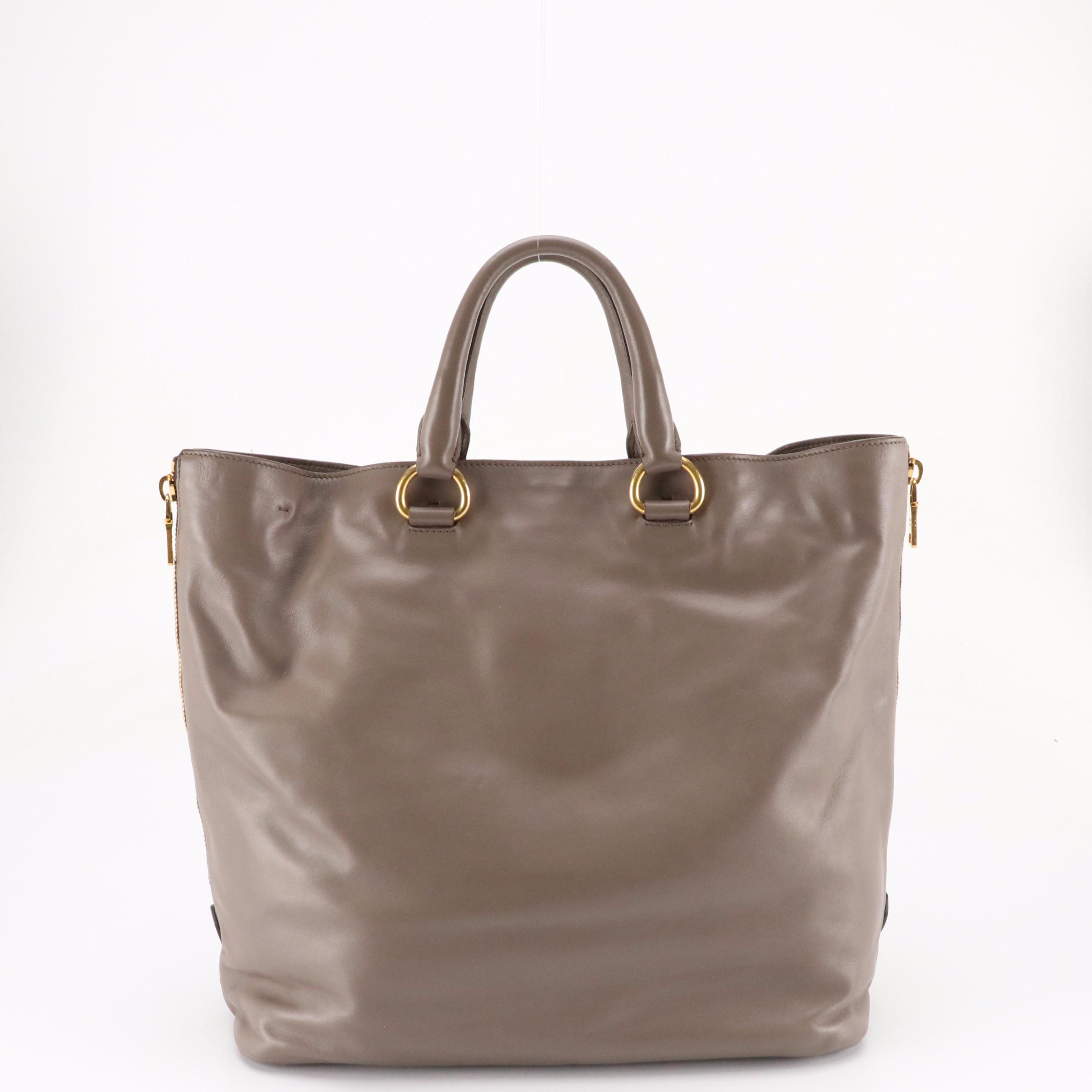 Prada Side Zip Soft Calf Leather Two-Way Shopping Tote Bag
