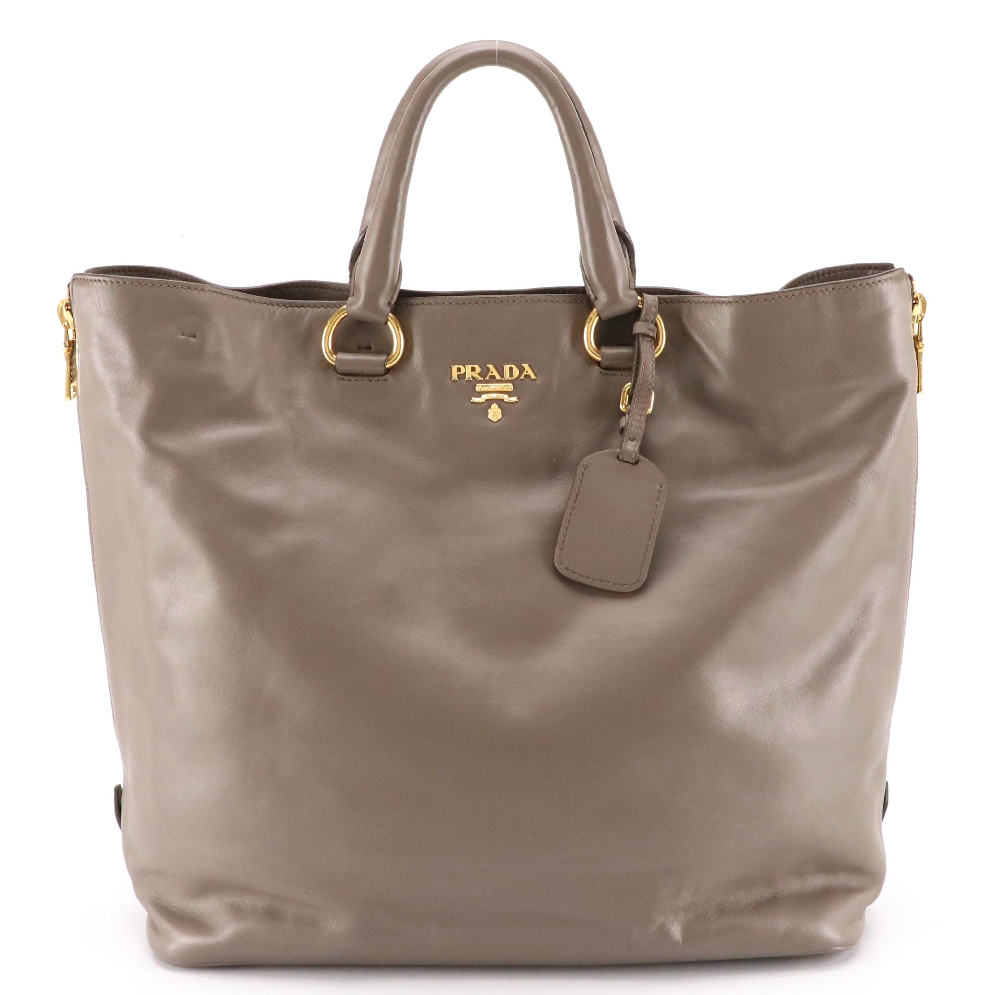 Prada Side Zip Soft Calf Leather Two-Way Shopping Tote Bag