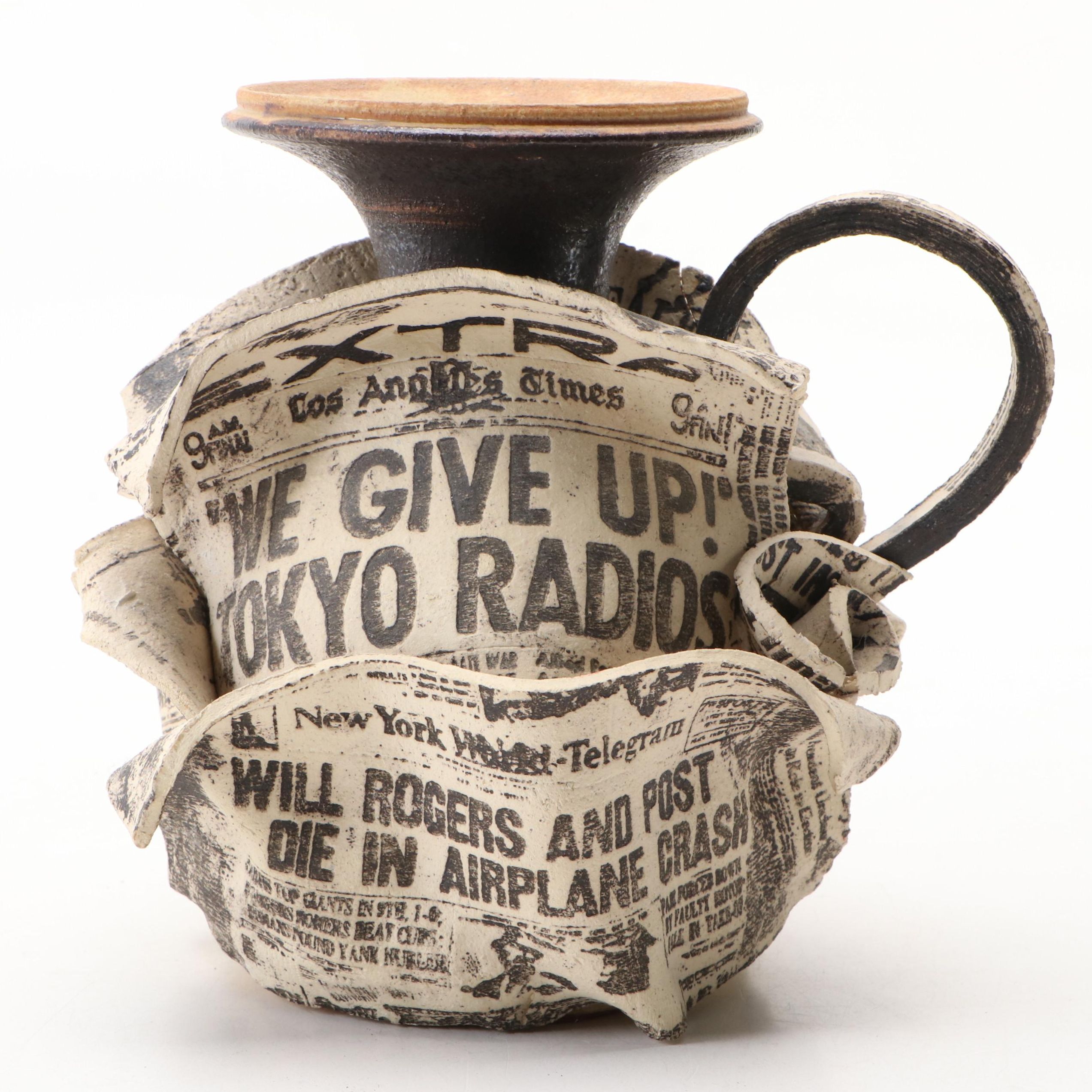 Larry Krogh Art Pottery Newspaper Pitcher, Late 20th Century